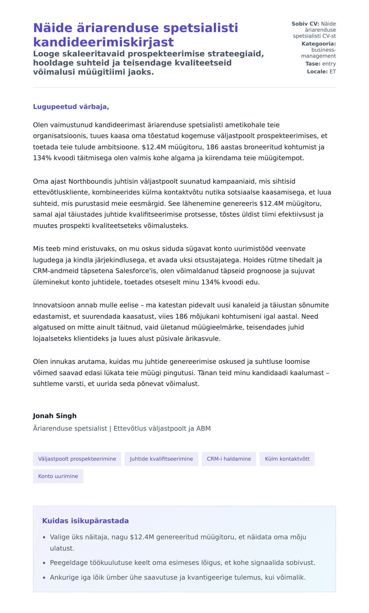 Kaaskirja eelvaade Näide äriarenduse spetsialisti kandideerimiskirjast jaoks
