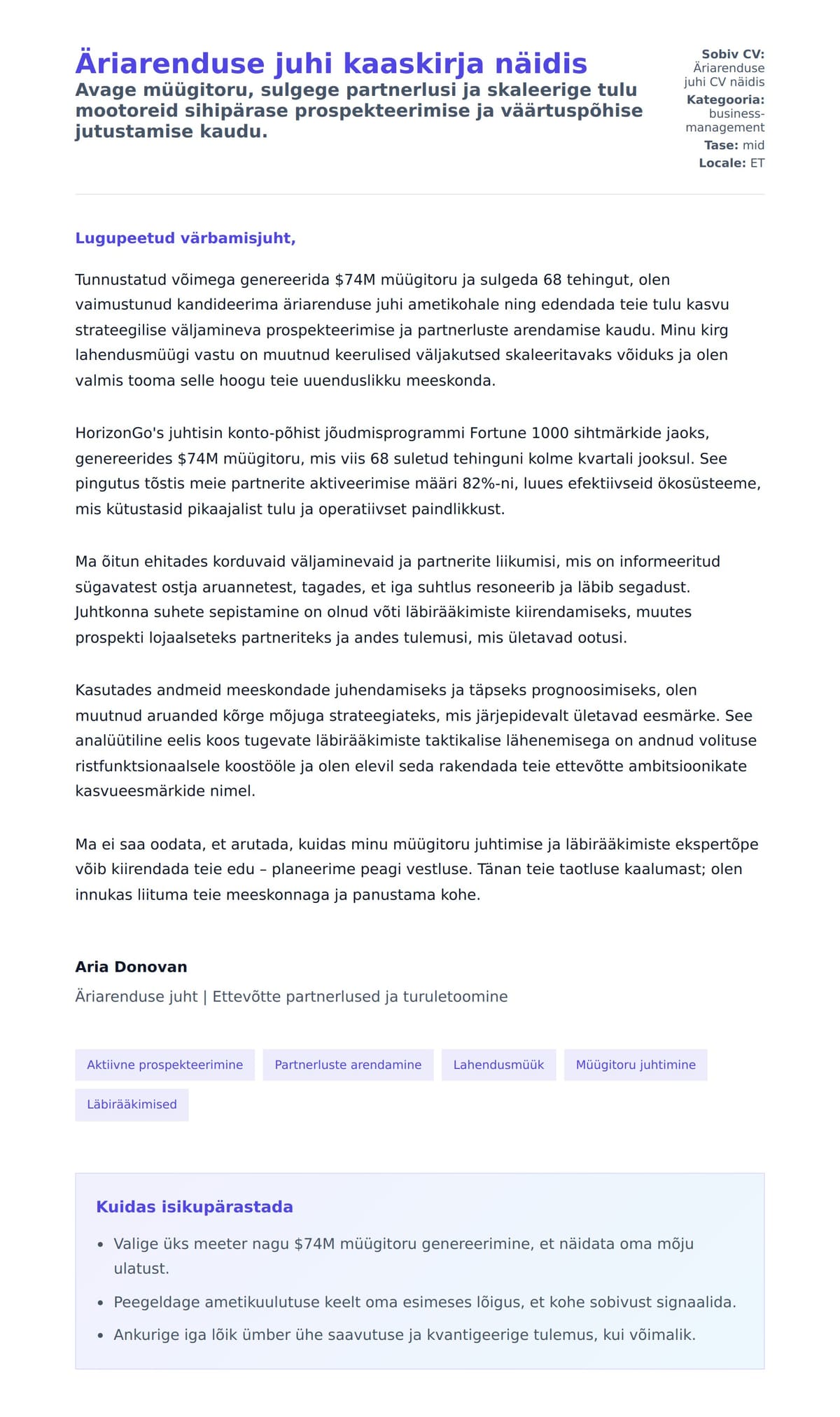 Kaaskirja eelvaade Äriarenduse juhi kaaskirja näidis jaoks