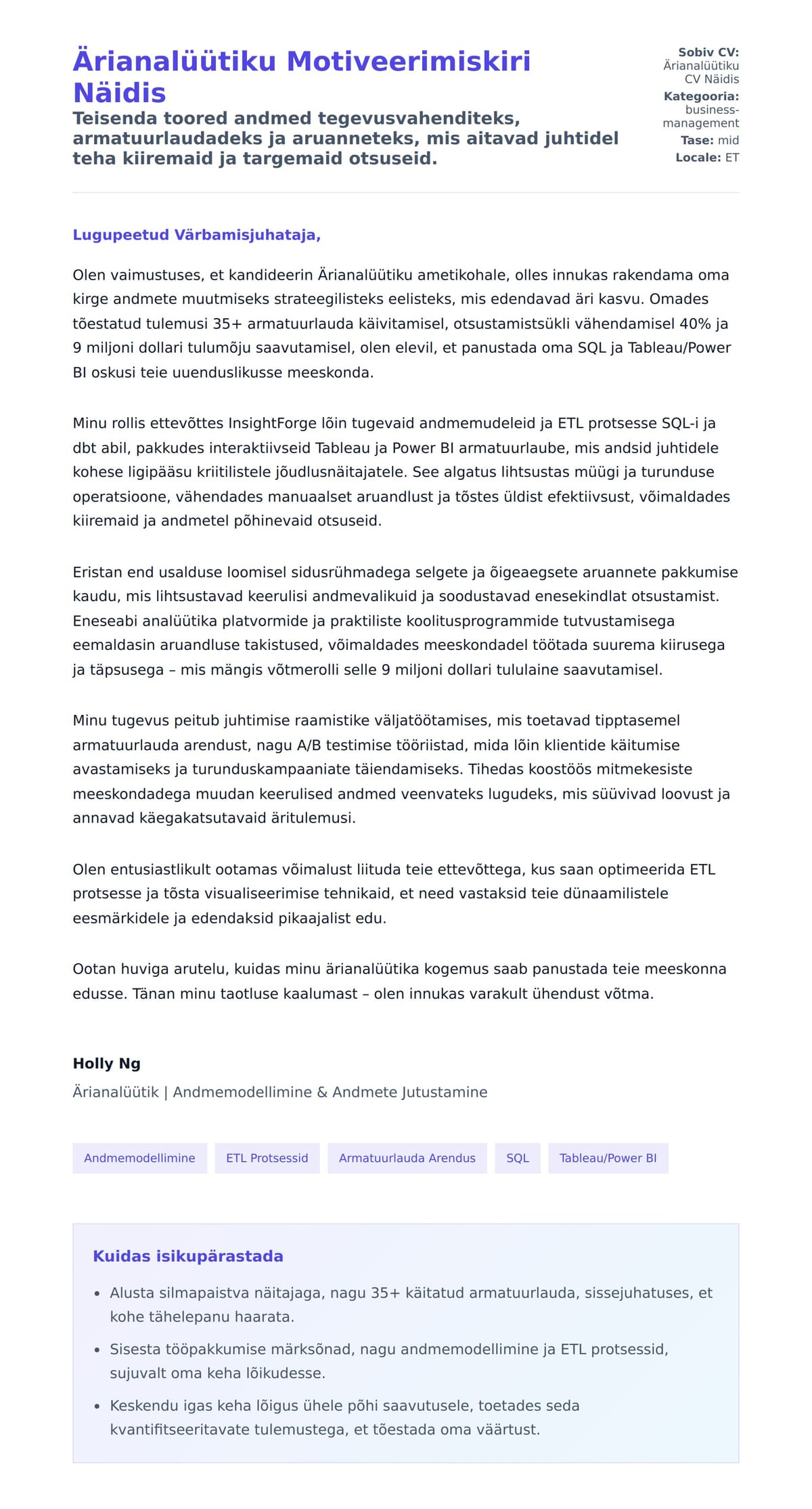 Kaaskirja eelvaade Ärianalüütiku Motiveerimiskiri Näidis jaoks