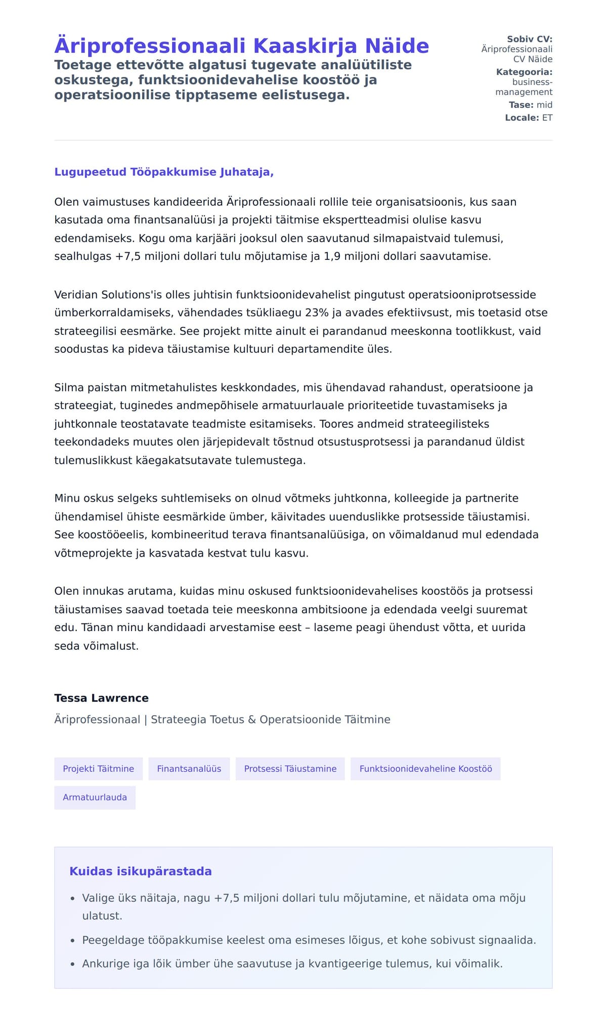 Kaaskirja eelvaade Äriprofessionaali Kaaskirja Näide jaoks