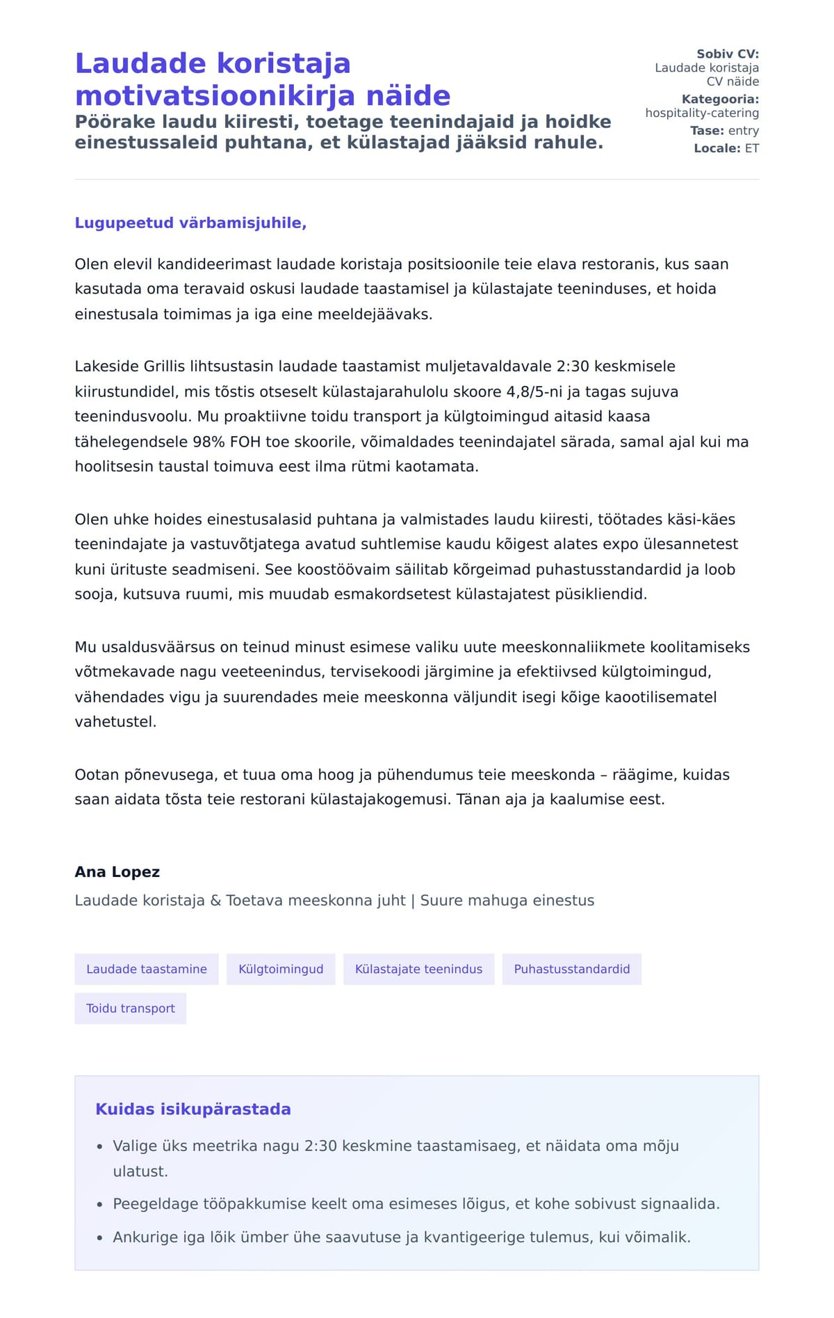 Kaaskirja eelvaade Laudade koristaja motivatsioonikirja näide jaoks