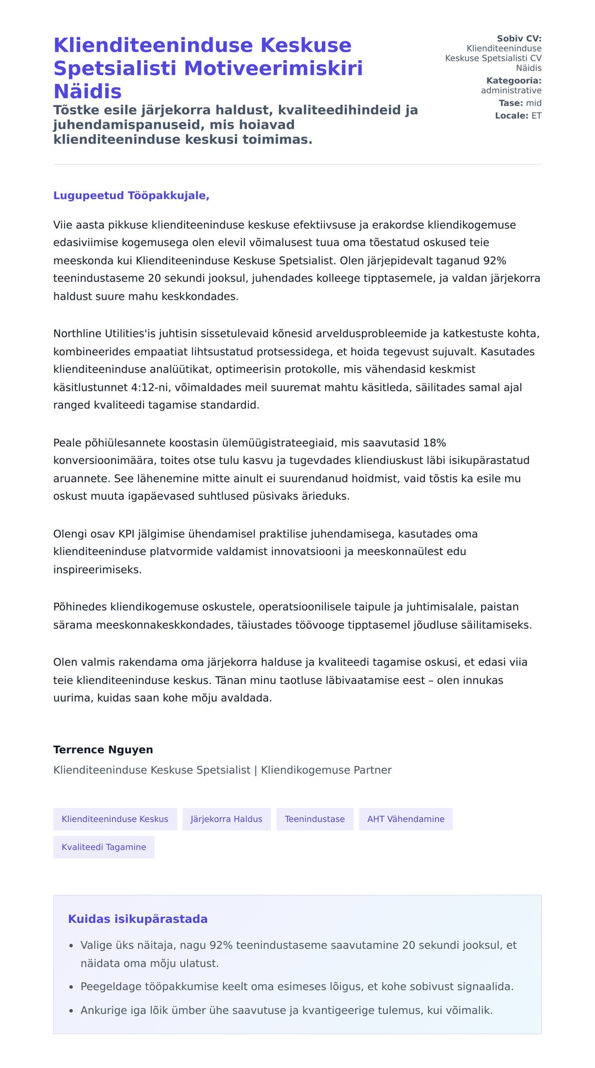 Klienditeeninduse Keskuse Spetsialisti Motiveerimiskiri Näidis