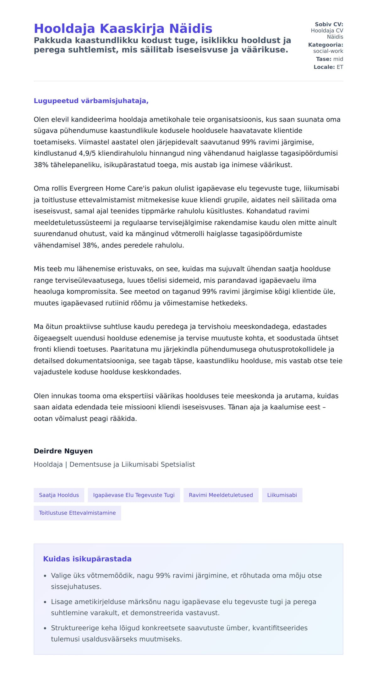 Kaaskirja eelvaade Hooldaja Kaaskirja Näidis jaoks