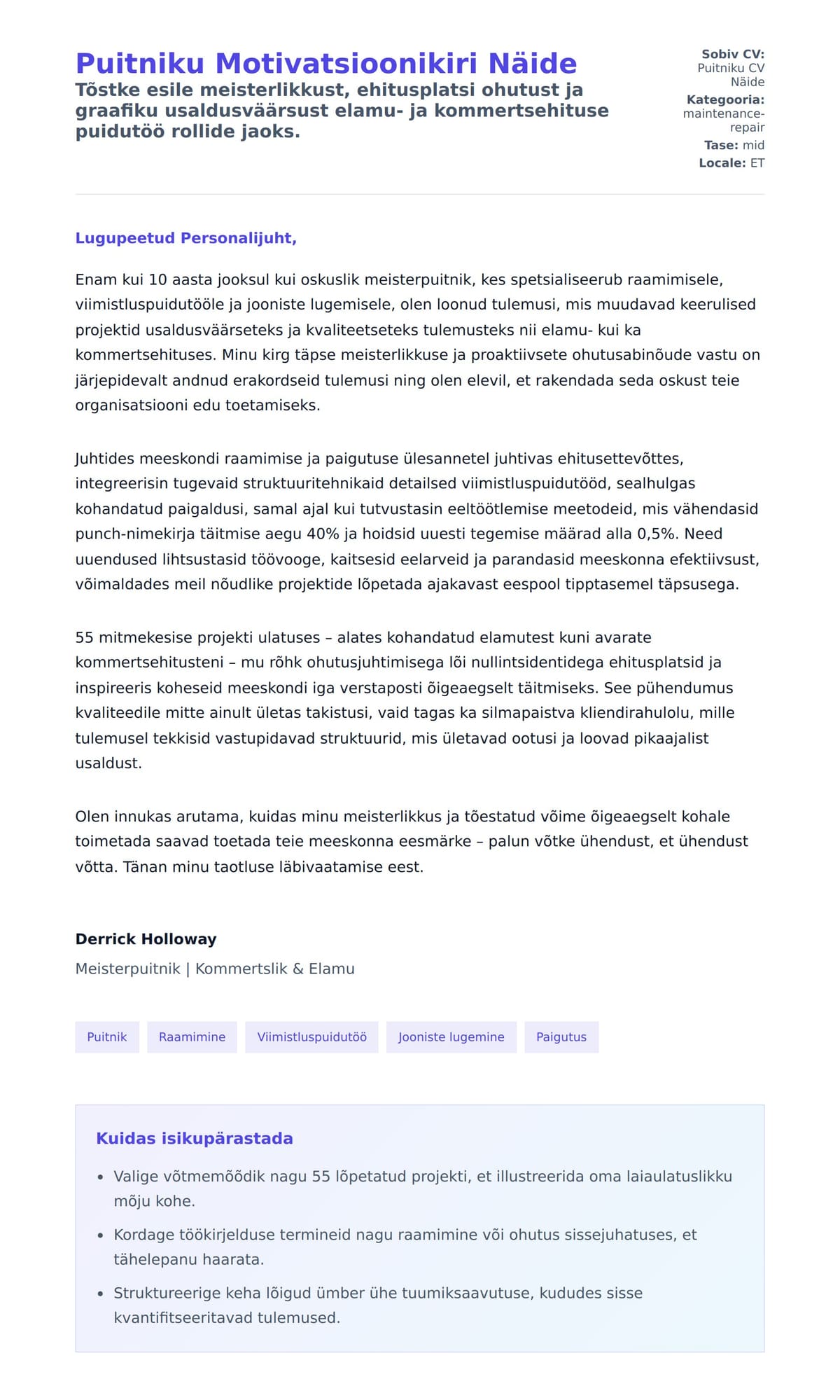 Kaaskirja eelvaade Puitniku Motivatsioonikiri Näide jaoks