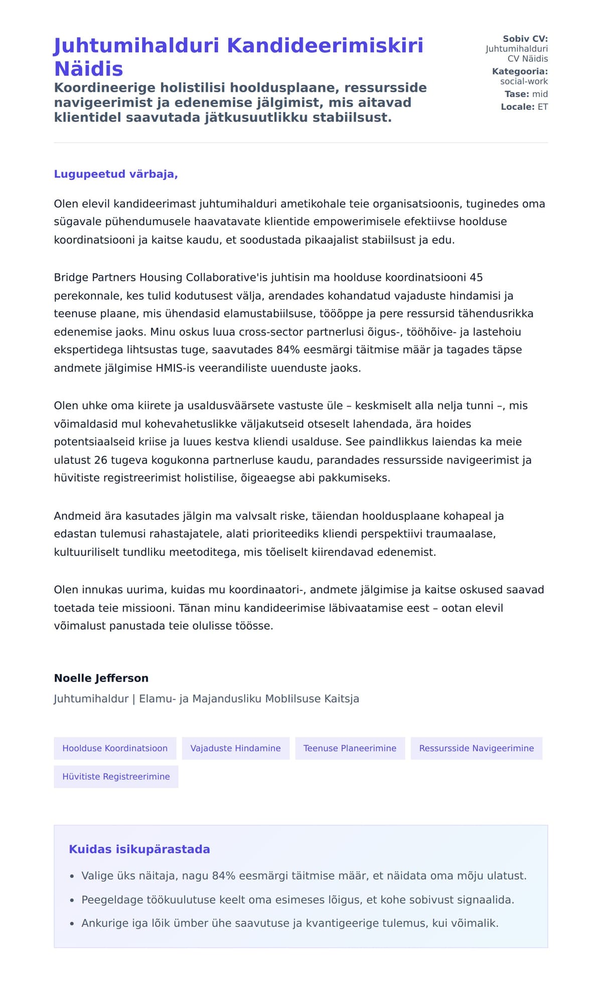 Kaaskirja eelvaade Juhtumihalduri Kandideerimiskiri Näidis jaoks
