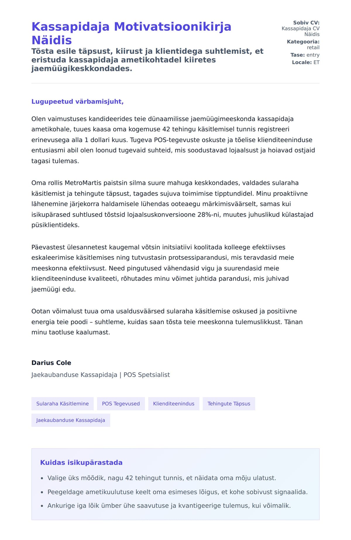 Kaaskirja eelvaade Kassapidaja Motivatsioonikirja Näidis jaoks