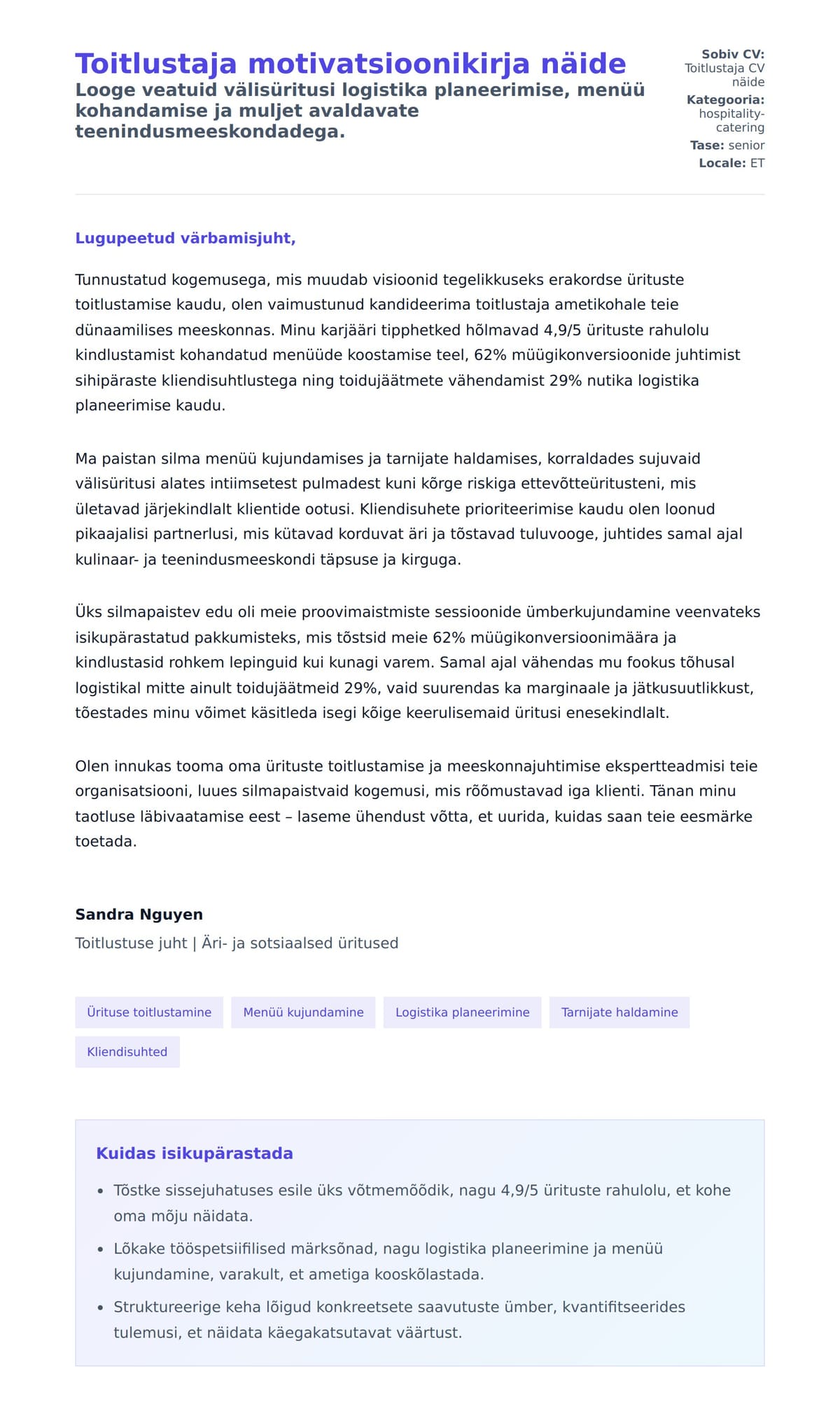 Kaaskirja eelvaade Toitlustaja motivatsioonikirja näide jaoks
