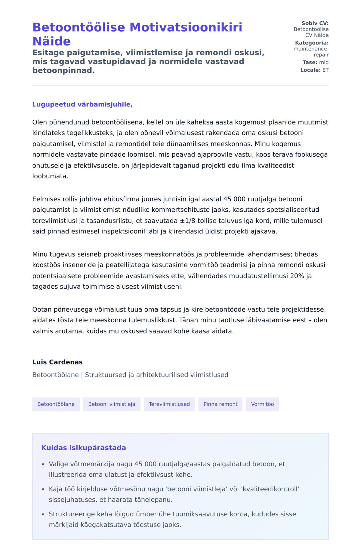 Kaaskirja eelvaade Betoontöölise Motivatsioonikiri Näide jaoks