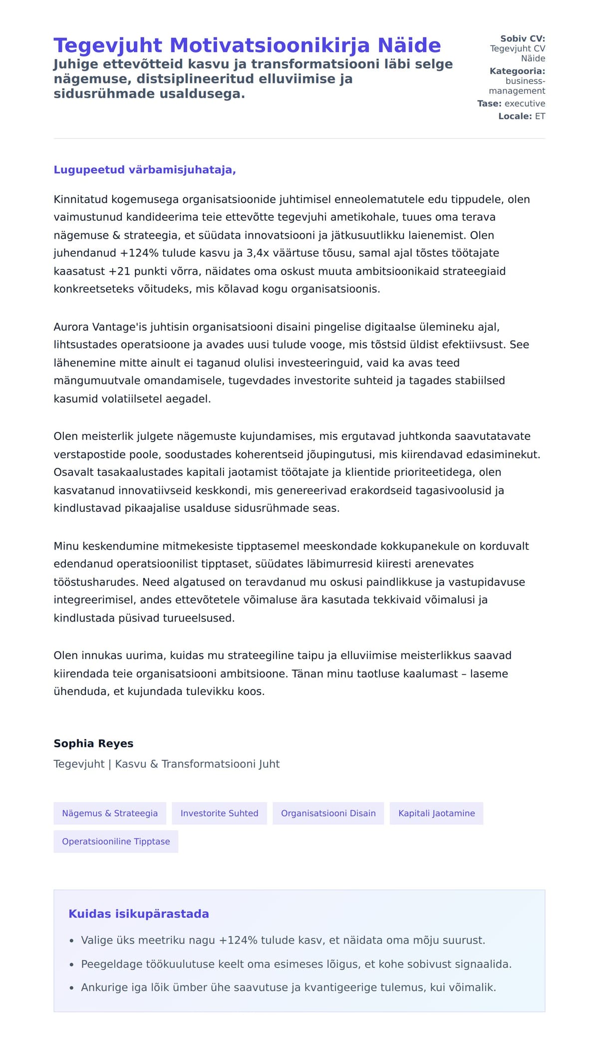 Kaaskirja eelvaade Tegevjuht Motivatsioonikirja Näide jaoks