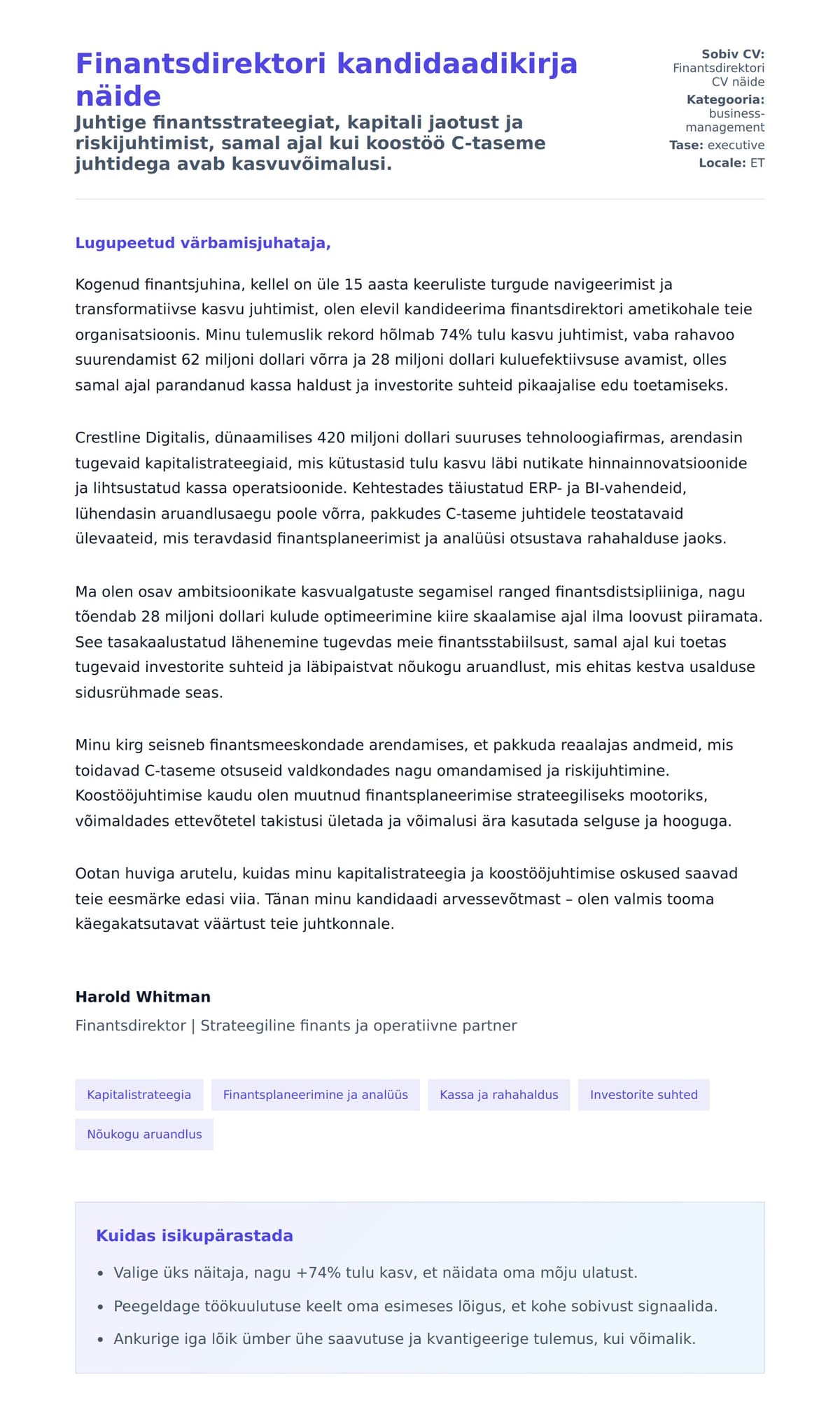 Kaaskirja eelvaade Finantsdirektori kandidaadikirja näide jaoks