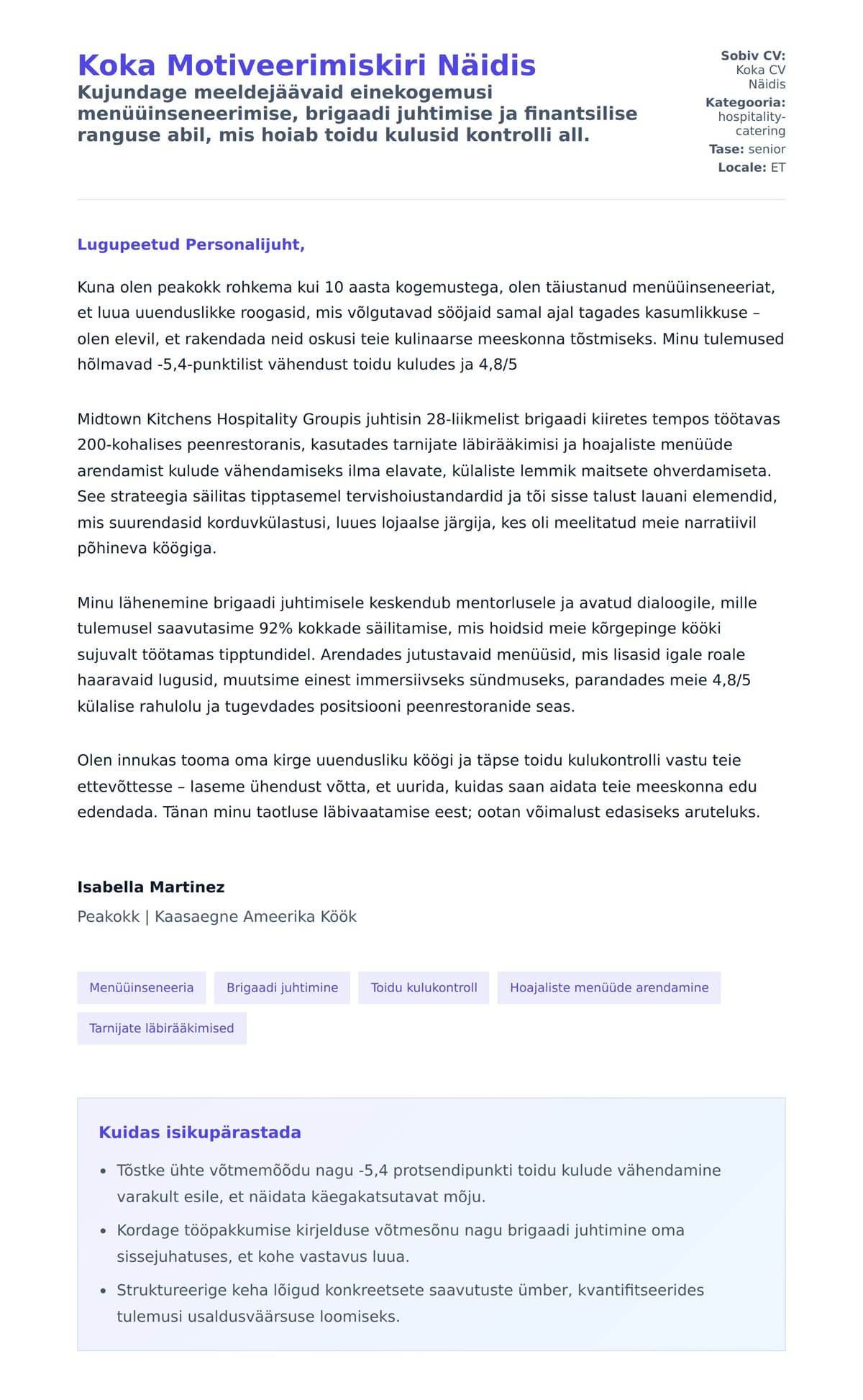 Kaaskirja eelvaade Koka Motiveerimiskiri Näidis jaoks