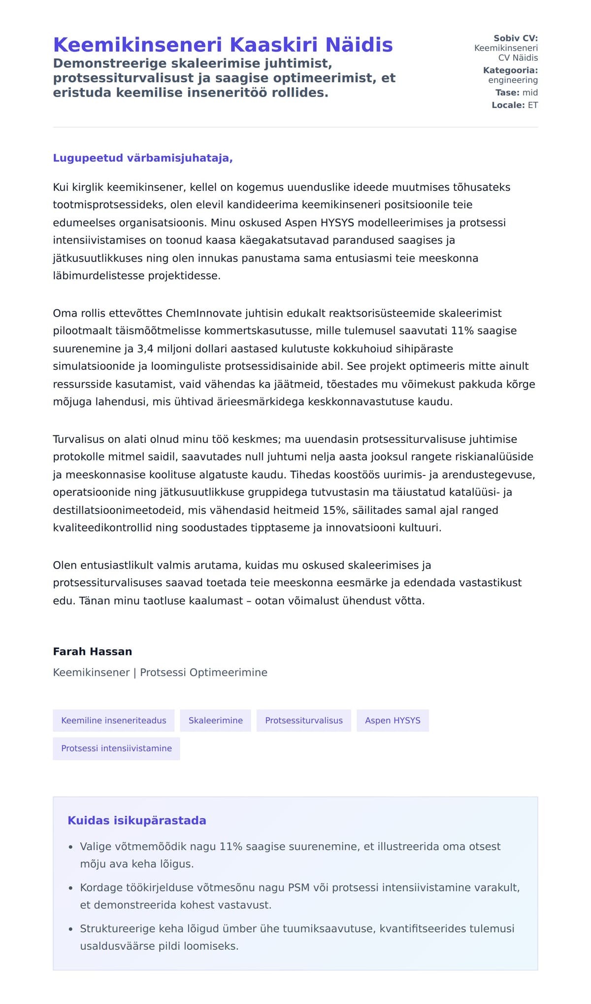 Kaaskirja eelvaade Keemikinseneri Kaaskiri Näidis jaoks