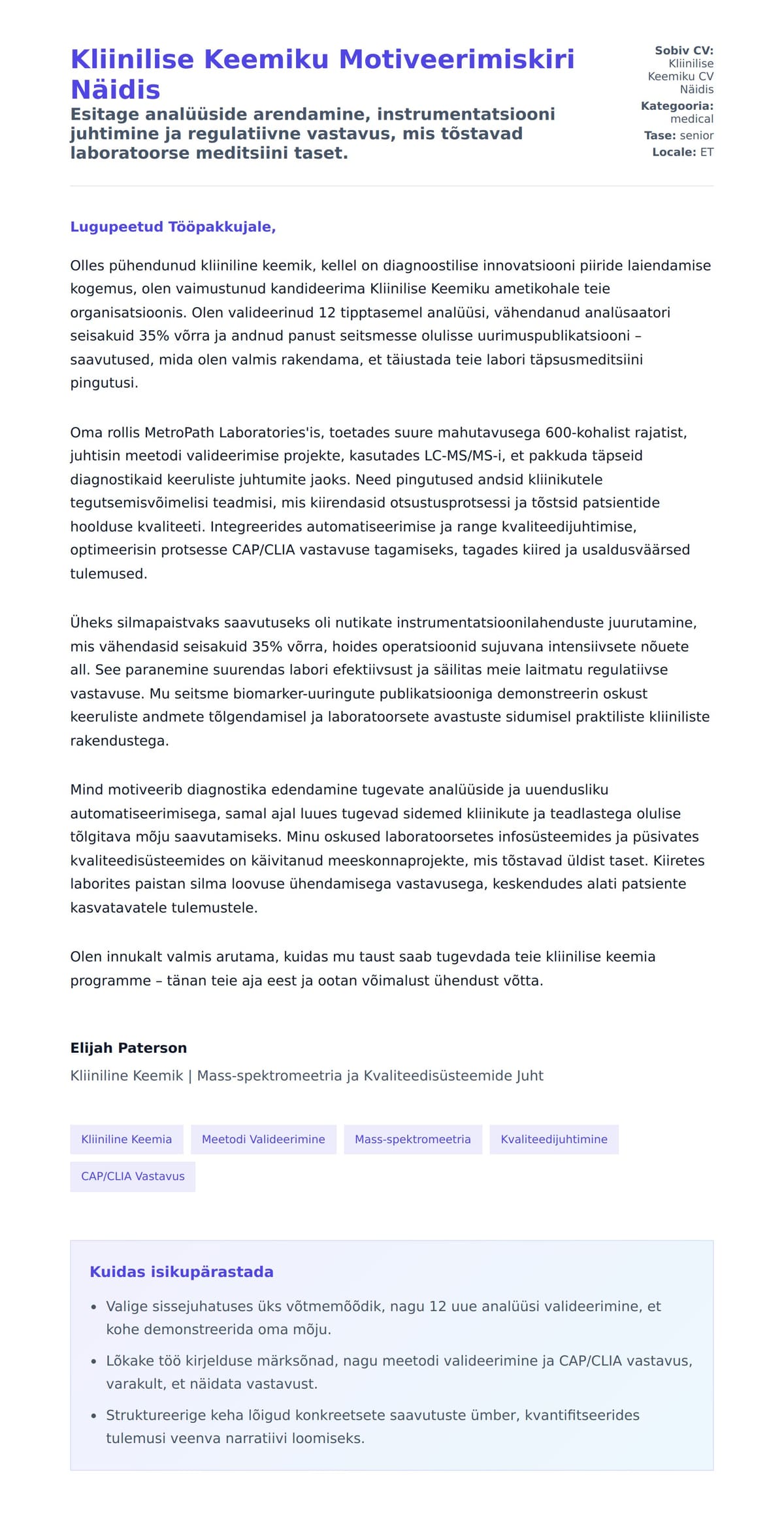 Kaaskirja eelvaade Kliinilise Keemiku Motiveerimiskiri Näidis jaoks