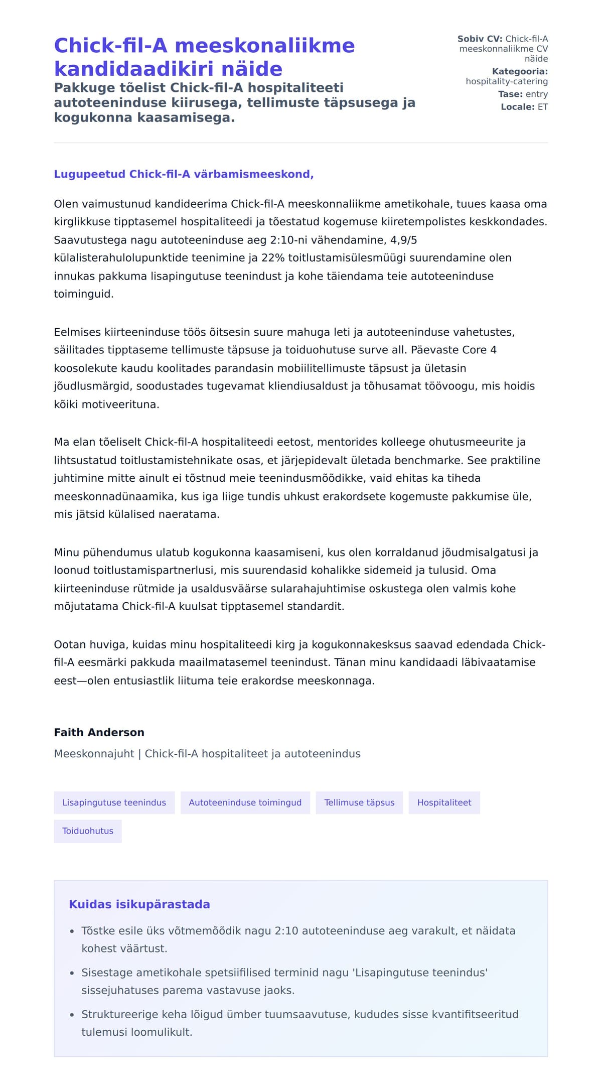Kaaskirja eelvaade Chick-fil-A meeskonaliikme kandidaadikiri näide jaoks
