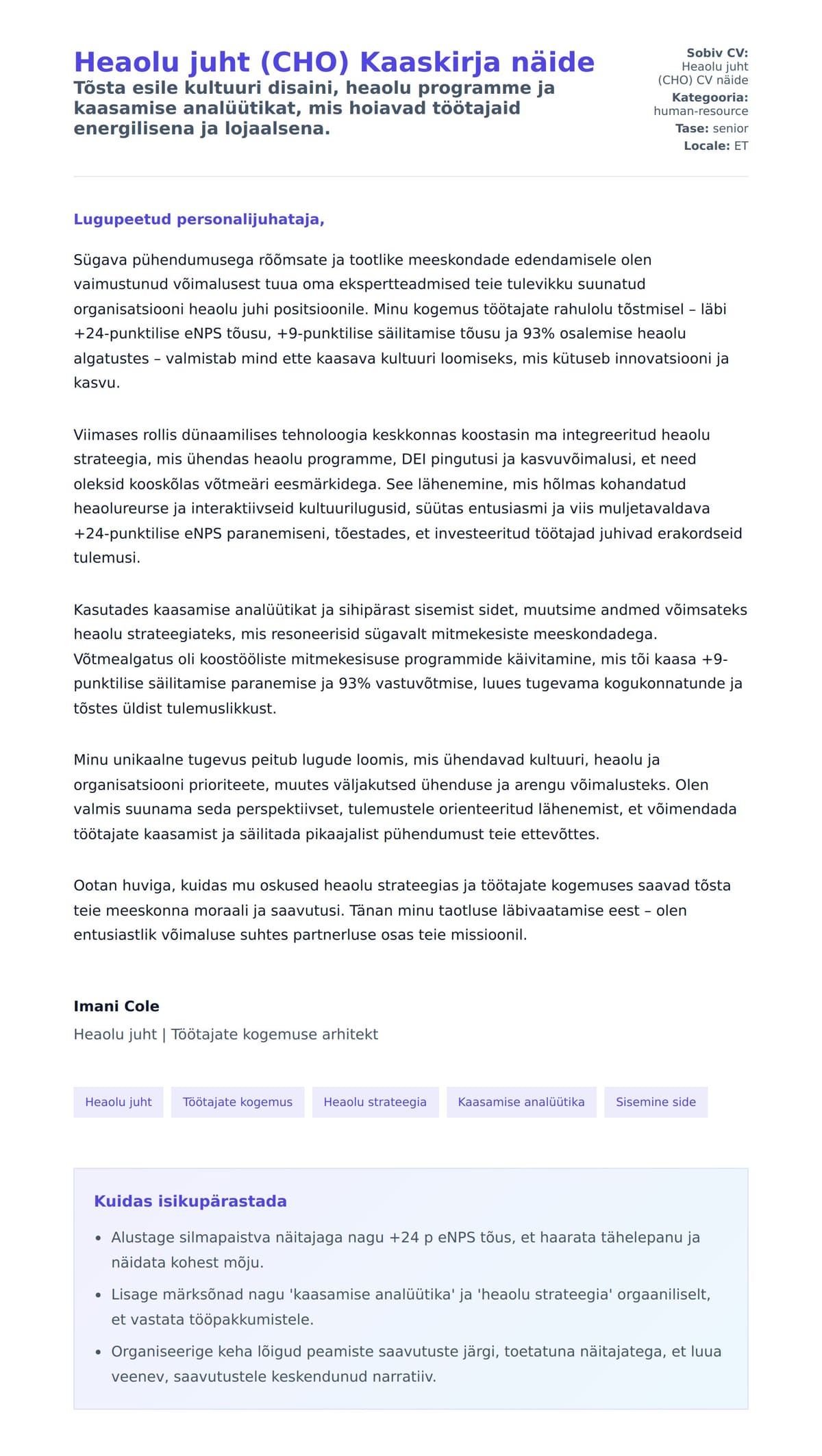 Kaaskirja eelvaade Heaolu juht (CHO) Kaaskirja näide jaoks