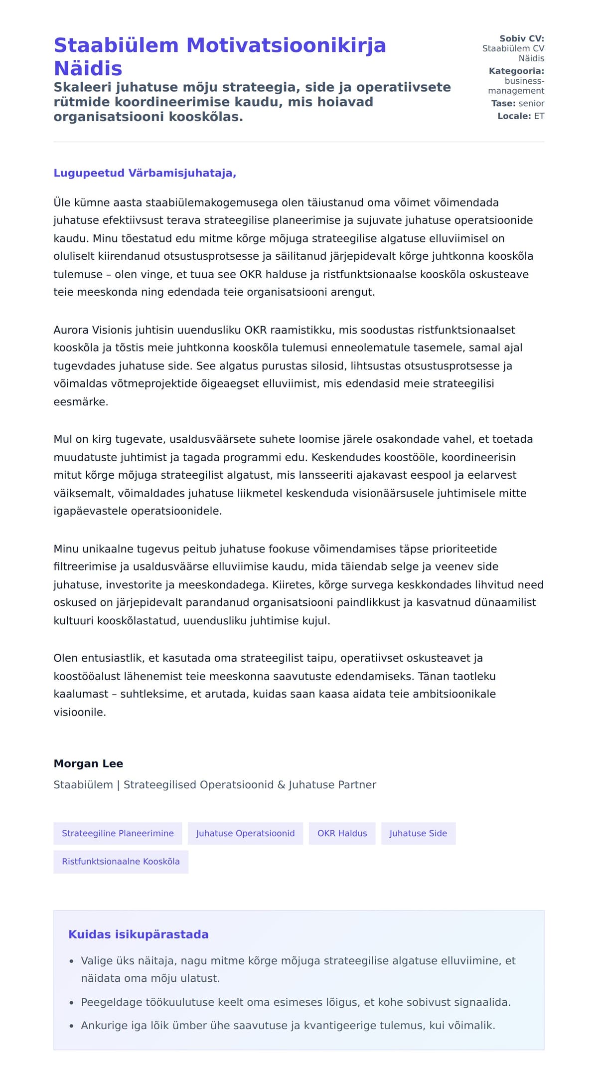 Kaaskirja eelvaade Staabiülem Motivatsioonikirja Näidis jaoks