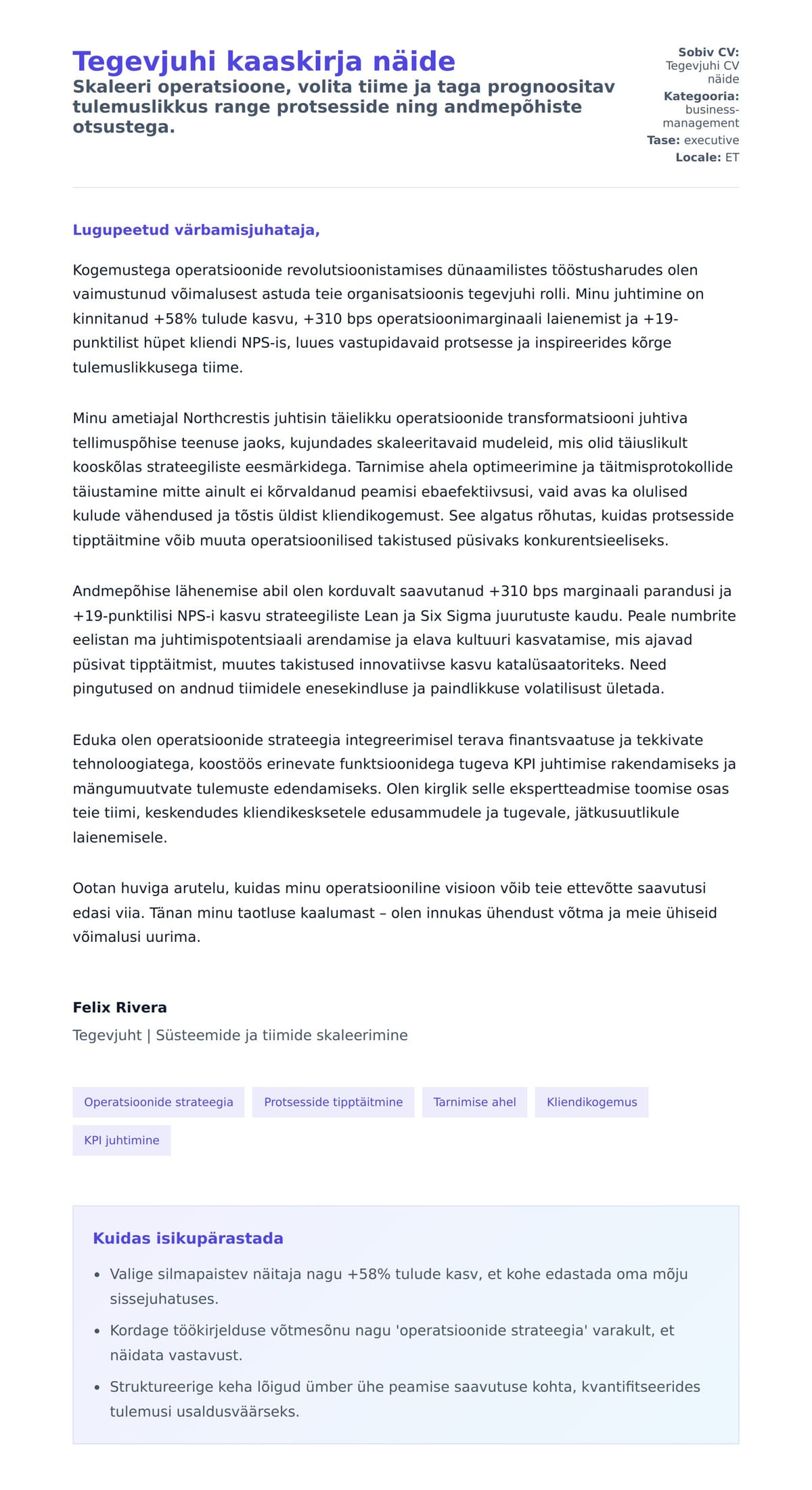 Kaaskirja eelvaade Tegevjuhi kaaskirja näide jaoks