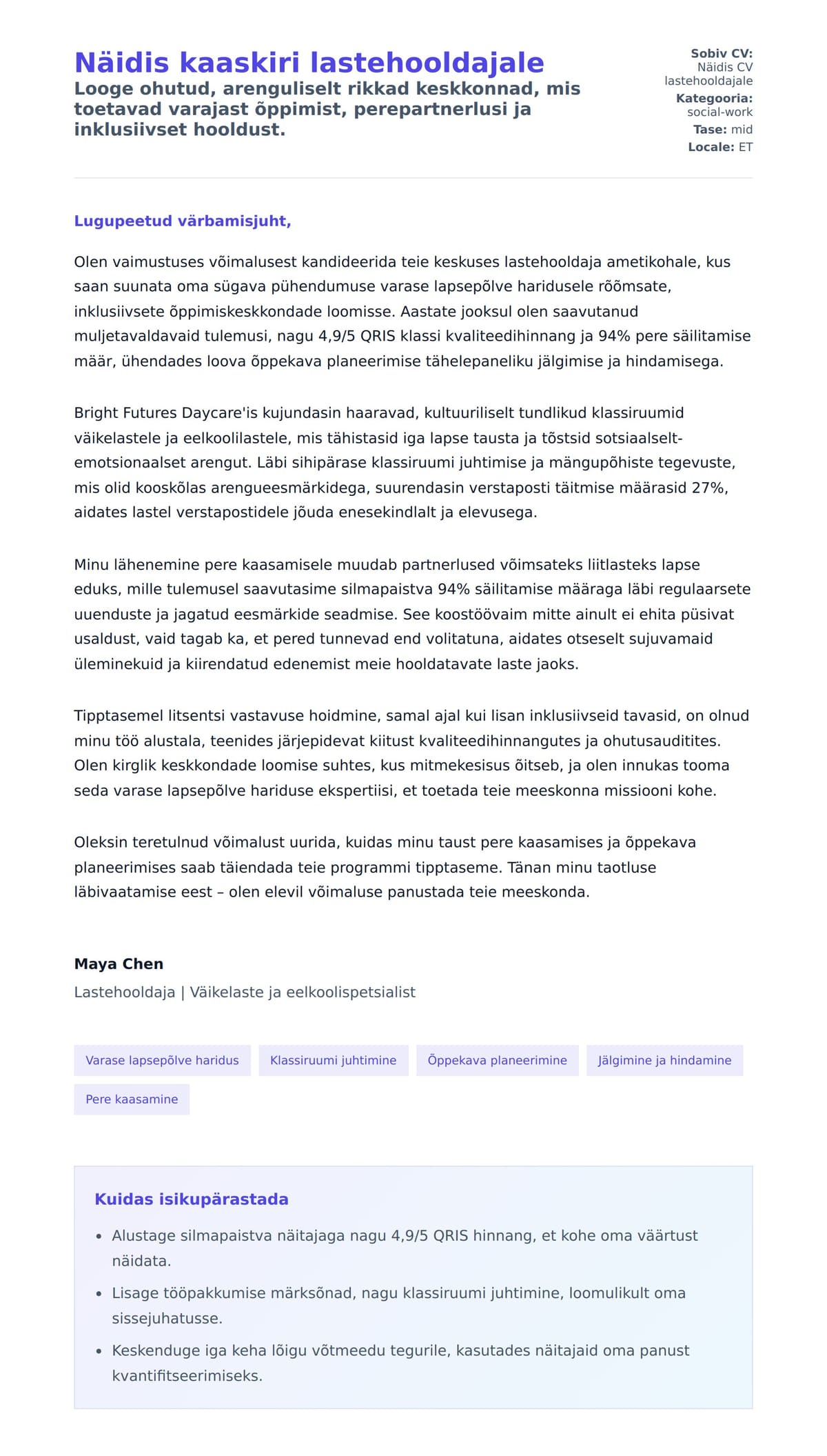 Kaaskirja eelvaade Näidis kaaskiri lastehooldajale jaoks