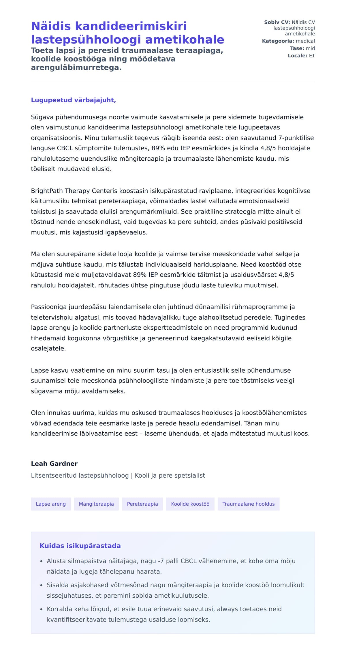 Kaaskirja eelvaade Näidis kandideerimiskiri lastepsühholoogi ametikohale jaoks