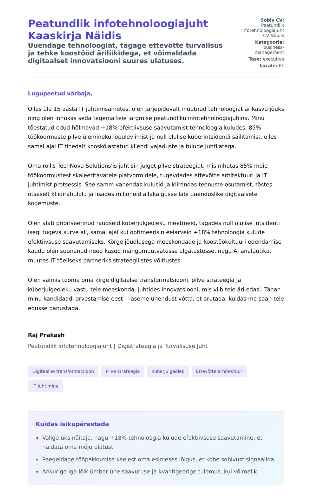 Kaaskirja eelvaade Peatundlik infotehnoloogiajuht Kaaskirja Näidis jaoks