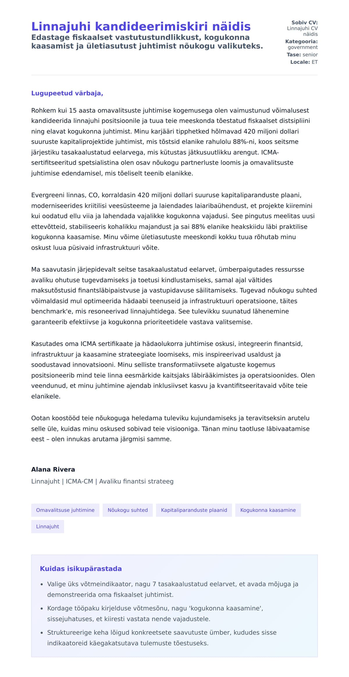 Kaaskirja eelvaade Linnajuhi kandideerimiskiri näidis jaoks