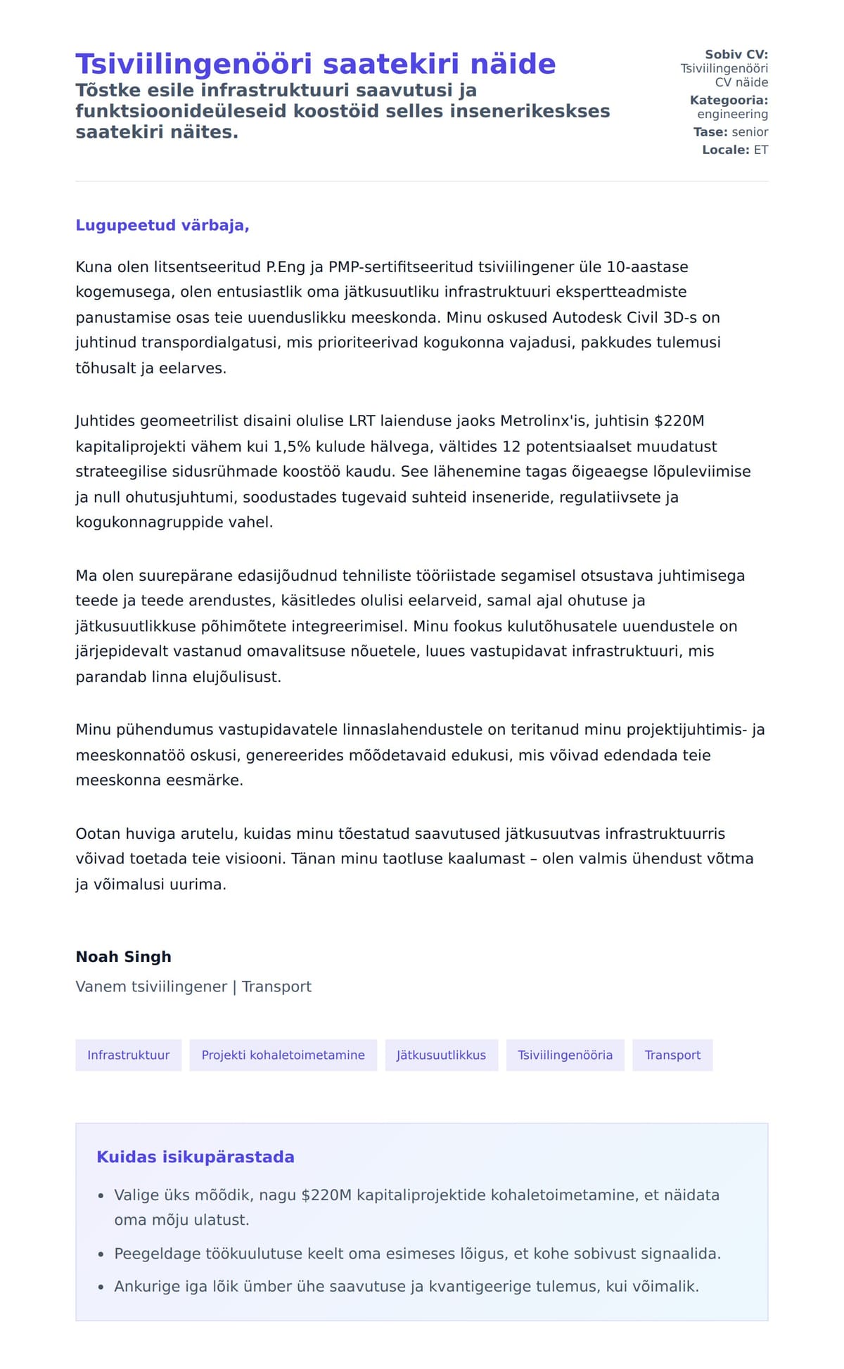Kaaskirja eelvaade Tsiviilingenööri saatekiri näide jaoks