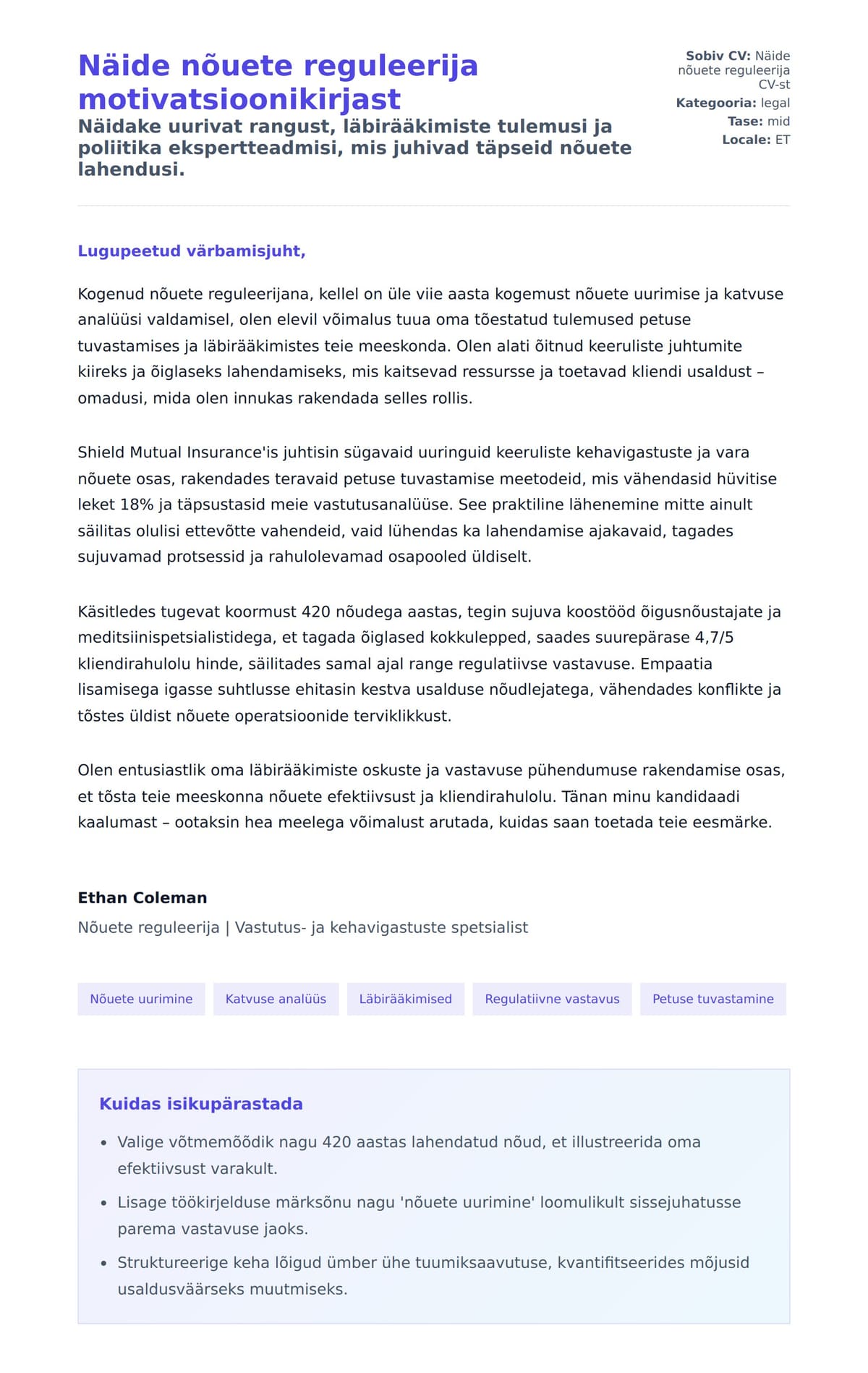 Kaaskirja eelvaade Näide nõuete reguleerija motivatsioonikirjast jaoks