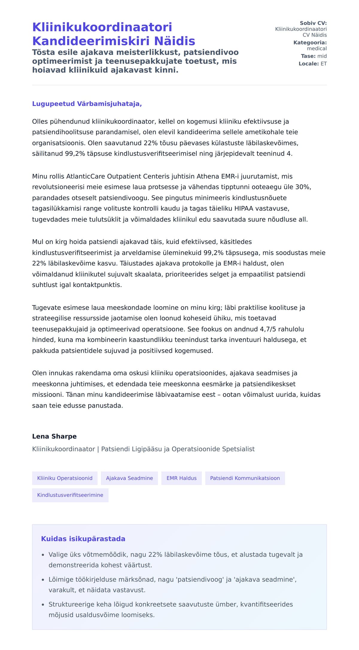 Kaaskirja eelvaade Kliinikukoordinaatori Kandideerimiskiri Näidis jaoks