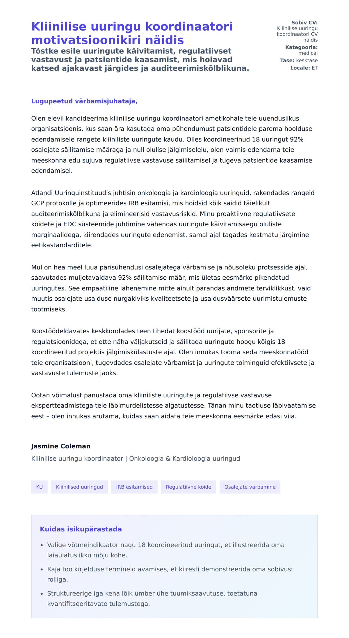 Kaaskirja eelvaade Kliinilise uuringu koordinaatori motivatsioonikiri näidis jaoks