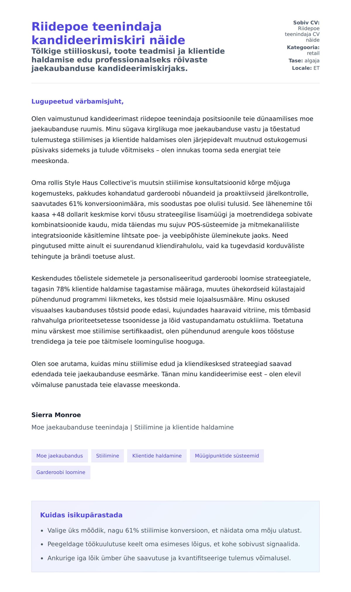 Kaaskirja eelvaade Riidepoe teenindaja kandideerimiskiri näide jaoks