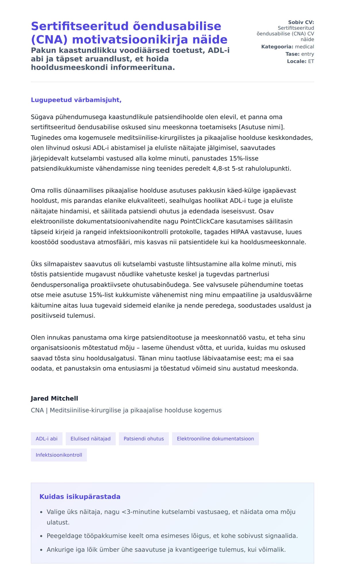 Kaaskirja eelvaade Sertifitseeritud õendusabilise (CNA) motivatsioonikirja näide jaoks