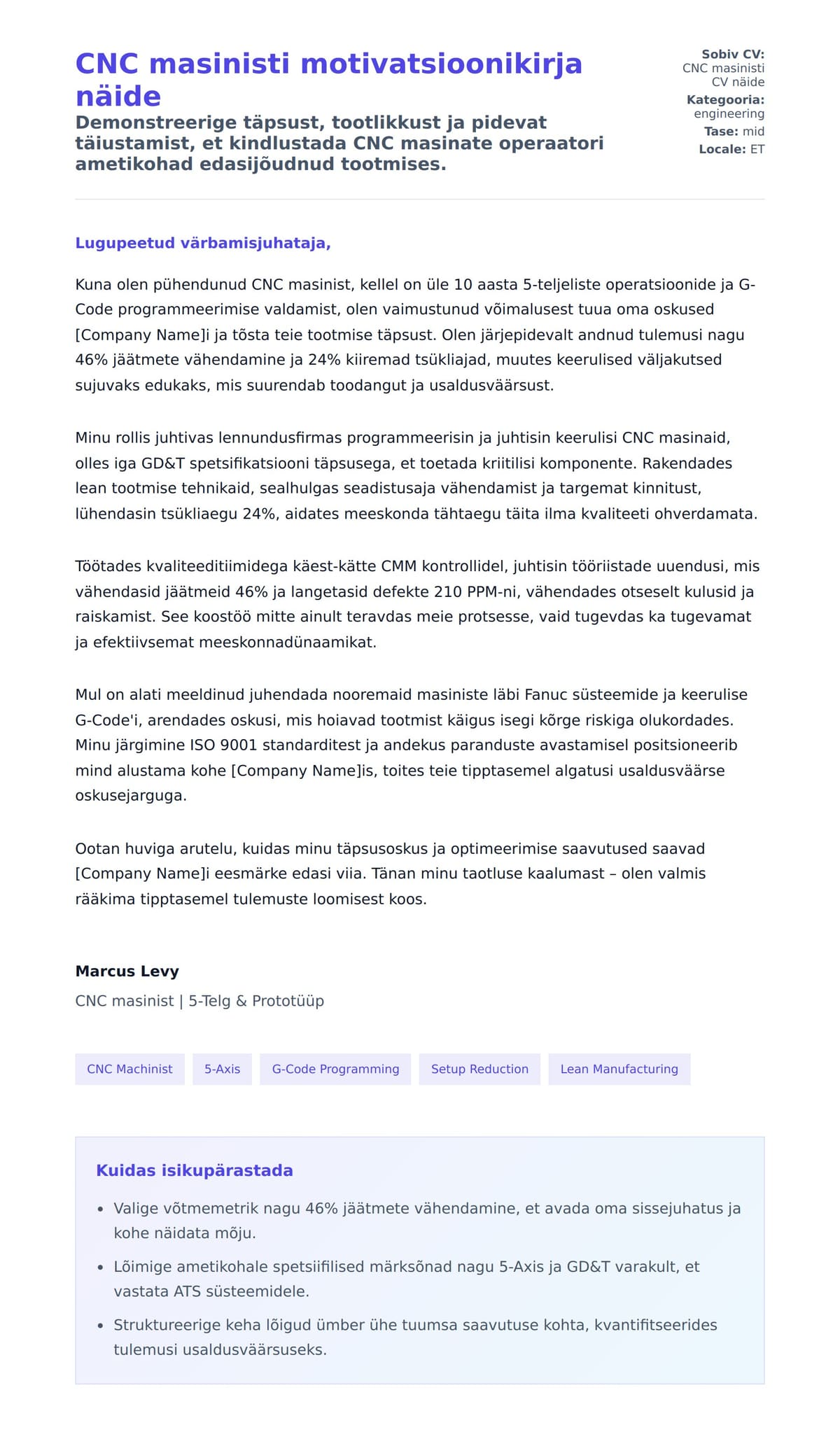 Kaaskirja eelvaade CNC masinisti motivatsioonikirja näide jaoks