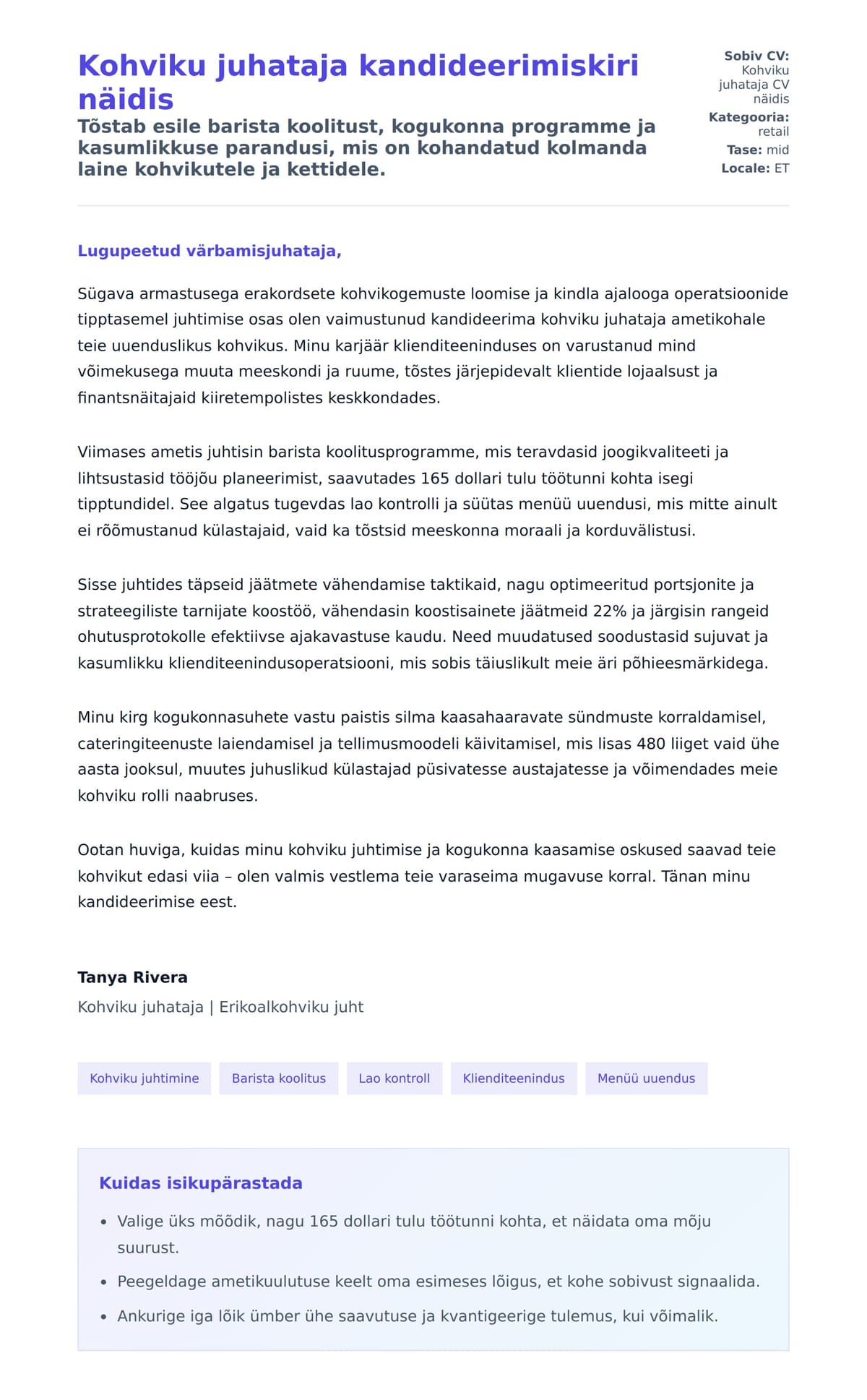 Kaaskirja eelvaade Kohviku juhataja kandideerimiskiri näidis jaoks