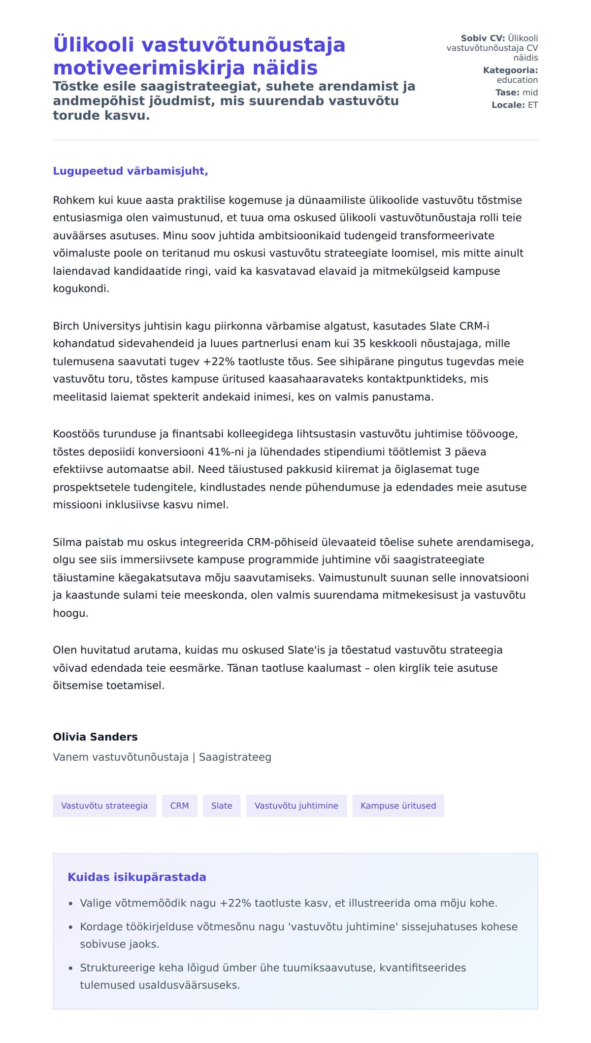 Kaaskirja eelvaade Ülikooli vastuvõtunõustaja motiveerimiskirja näidis jaoks