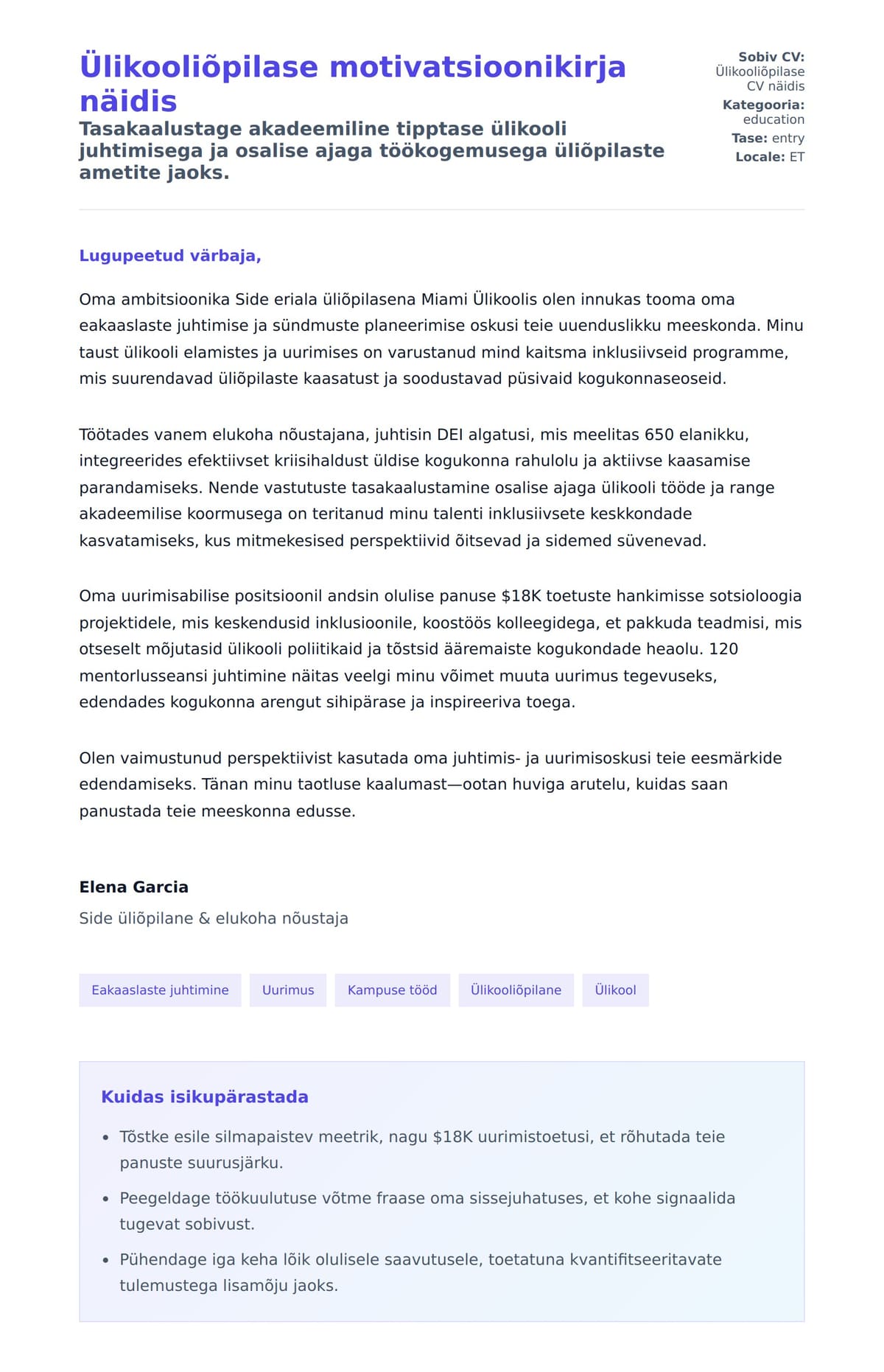 Kaaskirja eelvaade Ülikooliõpilase motivatsioonikirja näidis jaoks
