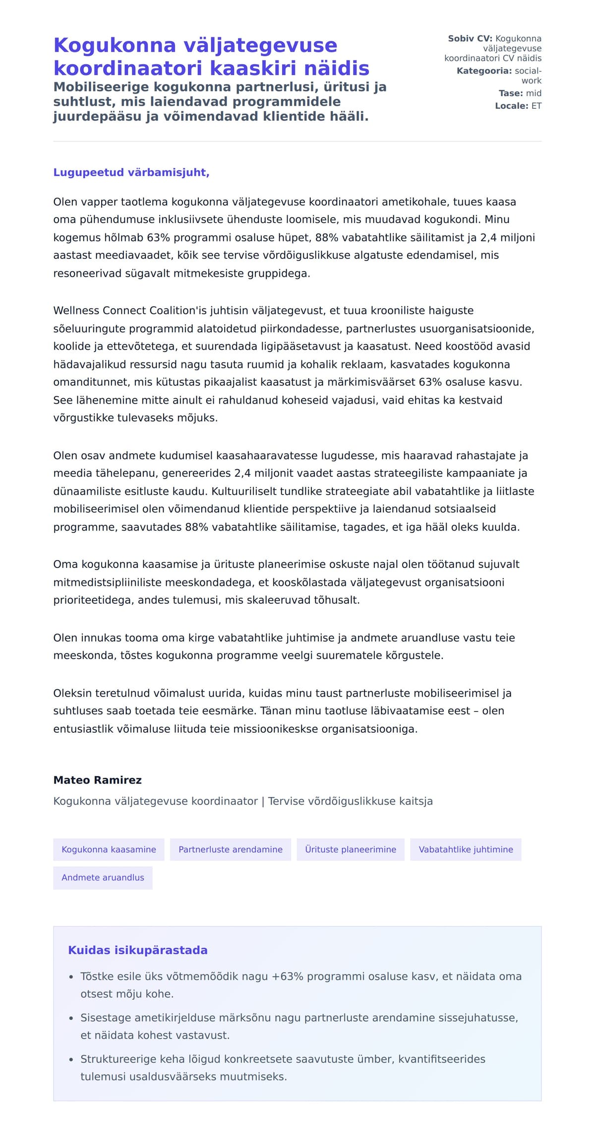 Kaaskirja eelvaade Kogukonna väljategevuse koordinaatori kaaskiri näidis jaoks