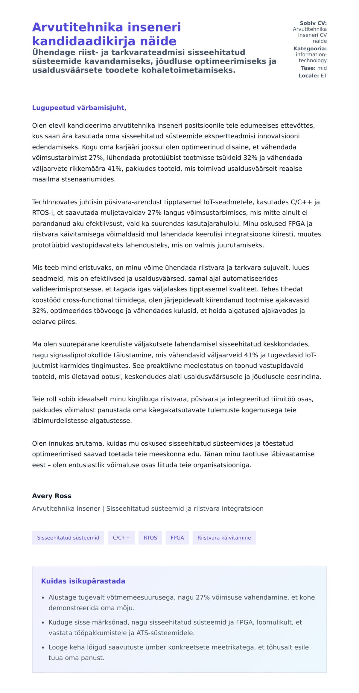 Kaaskirja eelvaade Arvutitehnika inseneri kandidaadikirja näide jaoks