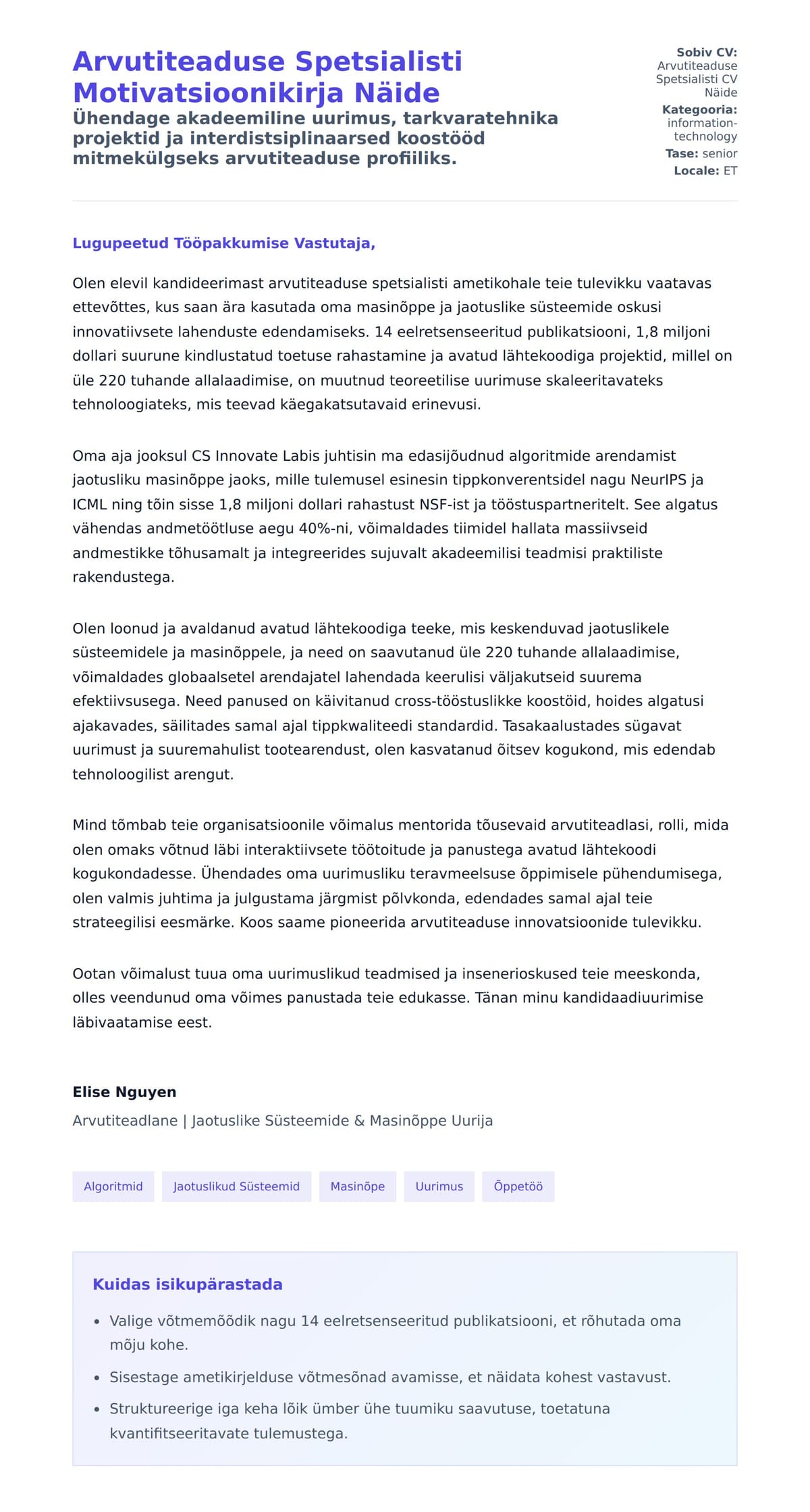 Kaaskirja eelvaade Arvutiteaduse Spetsialisti Motivatsioonikirja Näide jaoks