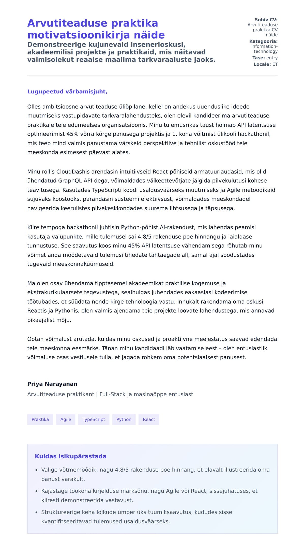 Kaaskirja eelvaade Arvutiteaduse praktika motivatsioonikirja näide jaoks