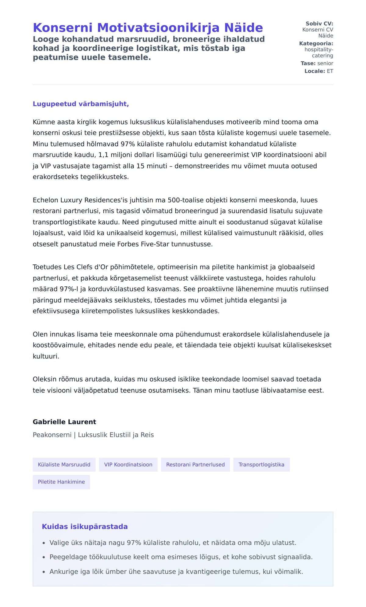 Kaaskirja eelvaade Konserni Motivatsioonikirja Näide jaoks