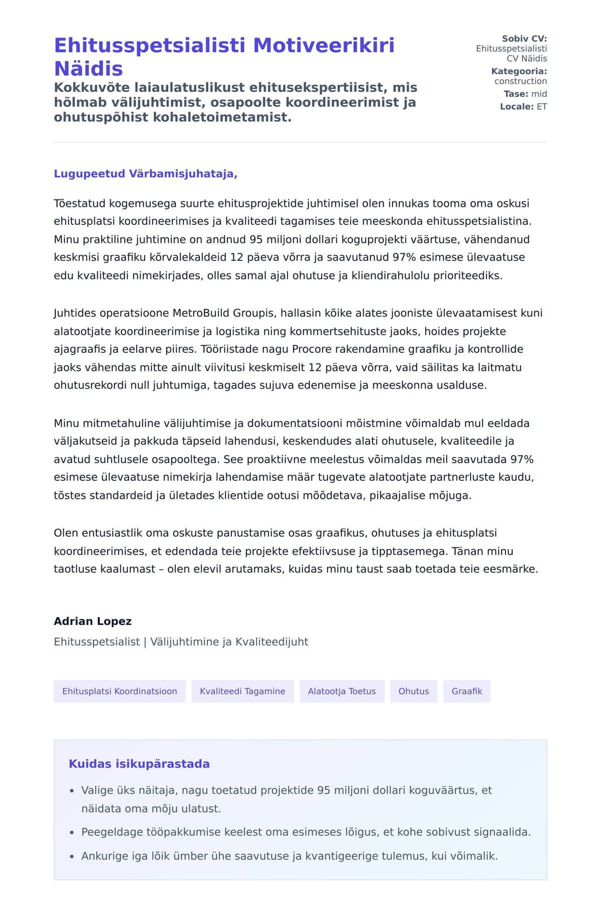 Kaaskirja eelvaade Ehitusspetsialisti Motiveerikiri Näidis jaoks