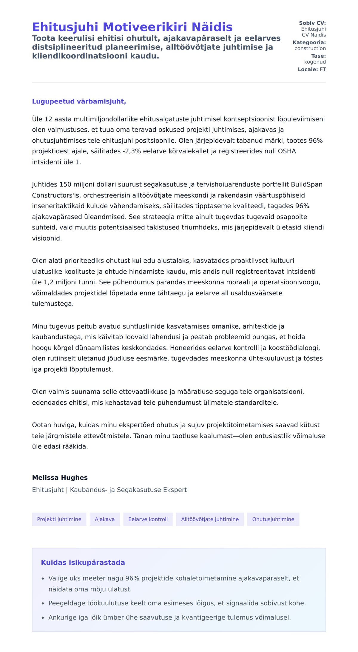 Kaaskirja eelvaade Ehitusjuhi Motiveerikiri Näidis jaoks