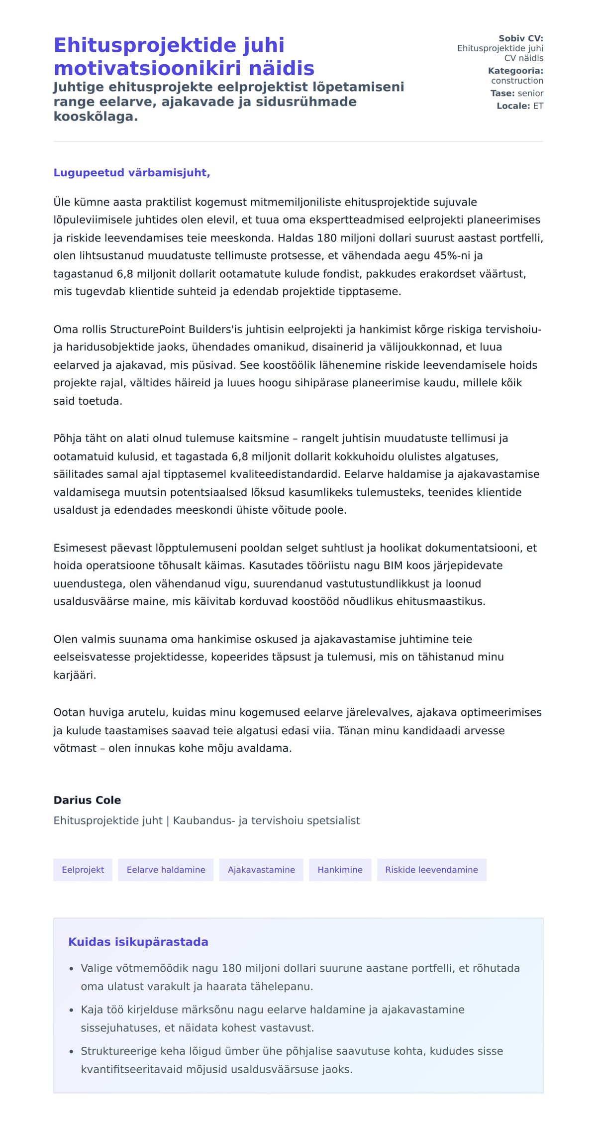 Kaaskirja eelvaade Ehitusprojektide juhi motivatsioonikiri näidis jaoks