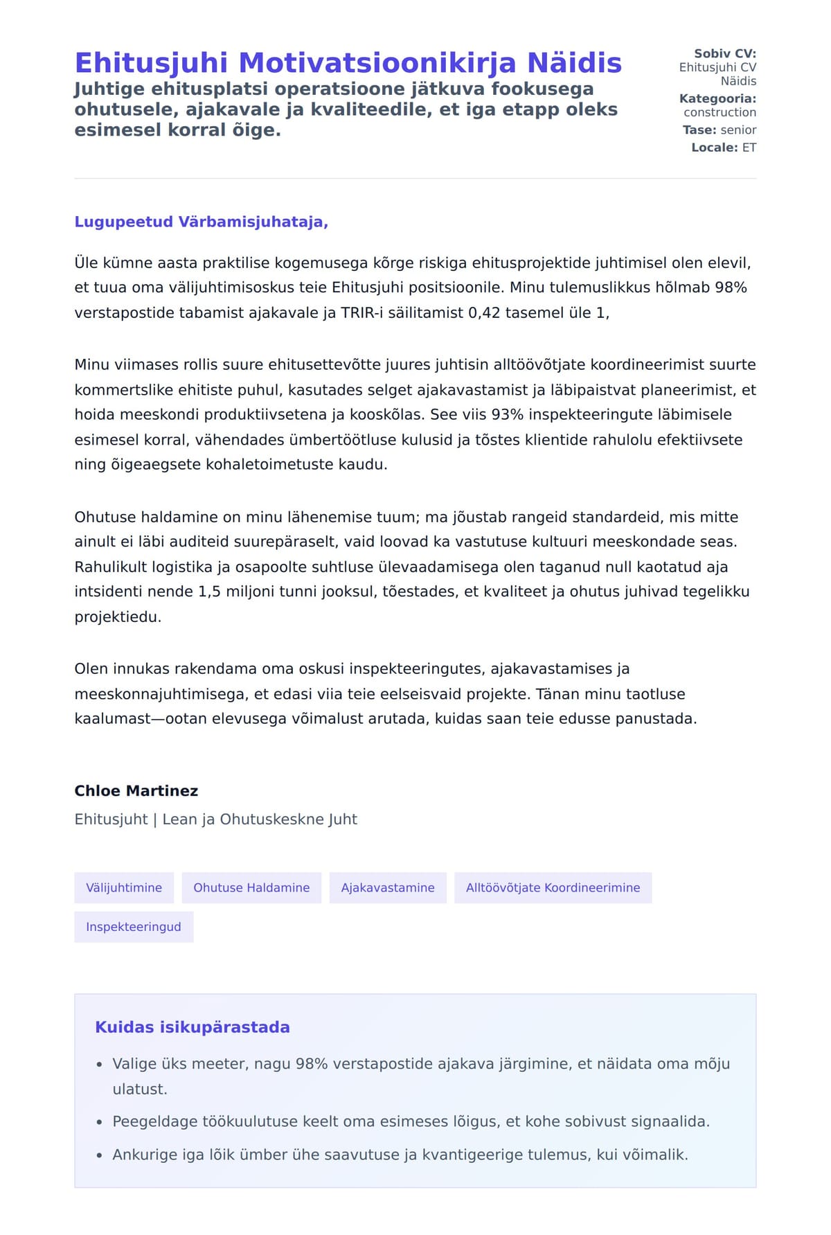 Kaaskirja eelvaade Ehitusjuhi Motivatsioonikirja Näidis jaoks