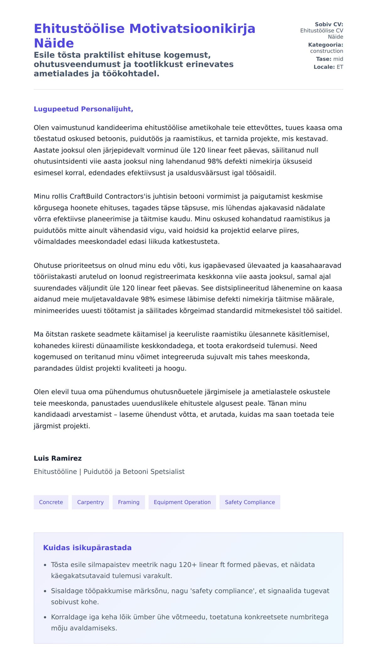 Kaaskirja eelvaade Ehitustöölise Motivatsioonikirja Näide jaoks