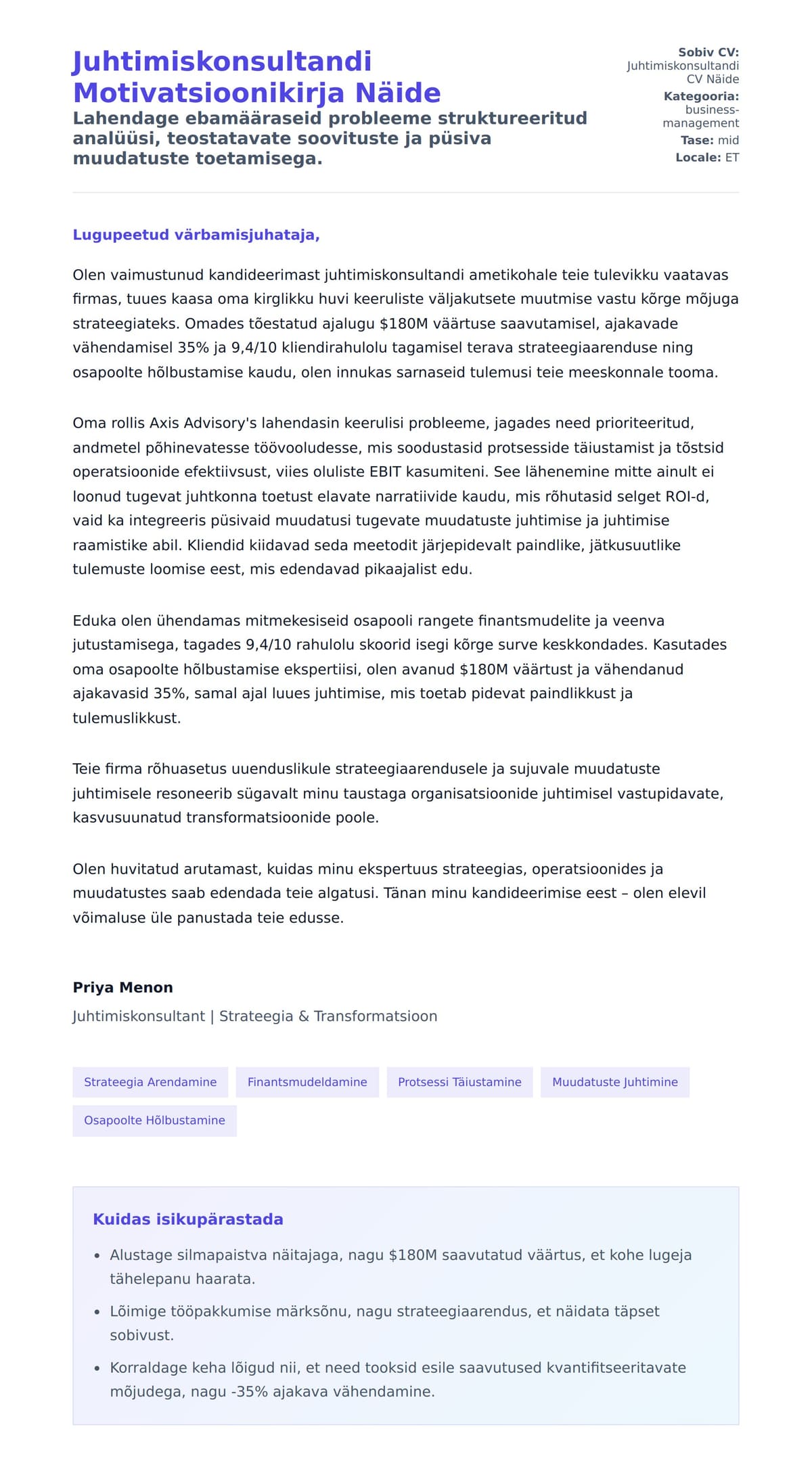 Kaaskirja eelvaade Juhtimiskonsultandi Motivatsioonikirja Näide jaoks
