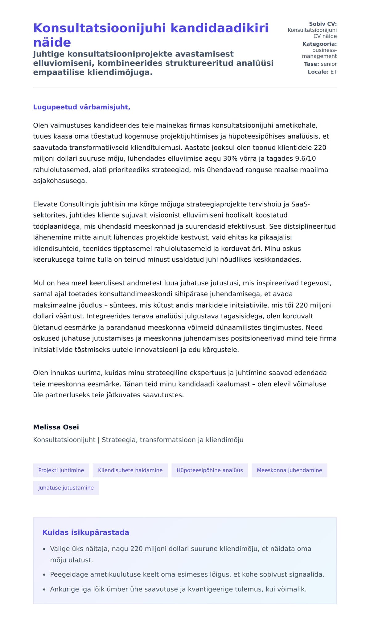 Kaaskirja eelvaade Konsultatsioonijuhi kandidaadikiri näide jaoks