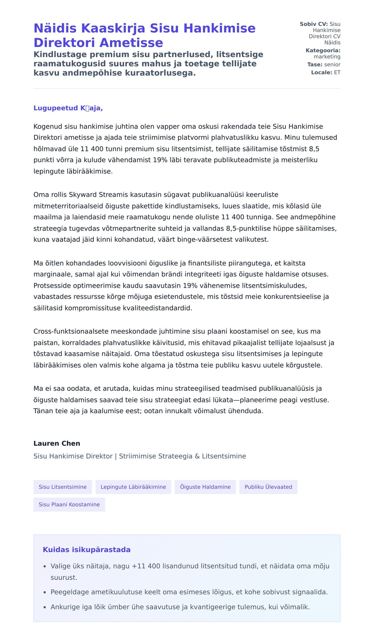Kaaskirja eelvaade Näidis Kaaskirja Sisu Hankimise Direktori Ametisse jaoks