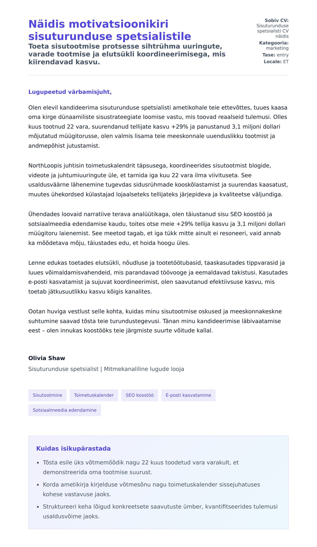 Kaaskirja eelvaade Näidis motivatsioonikiri sisuturunduse spetsialistile jaoks