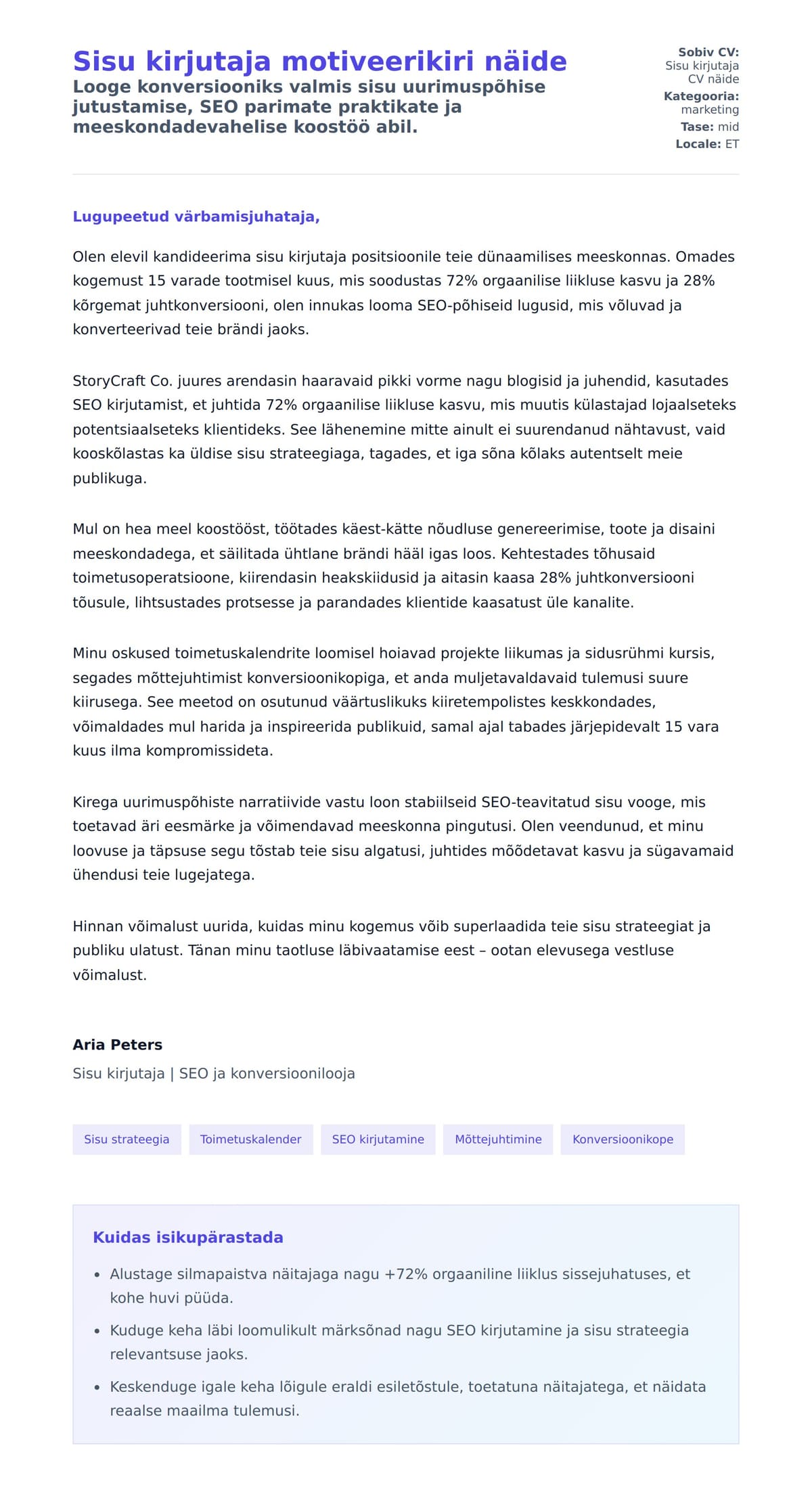 Kaaskirja eelvaade Sisu kirjutaja motiveerikiri näide jaoks